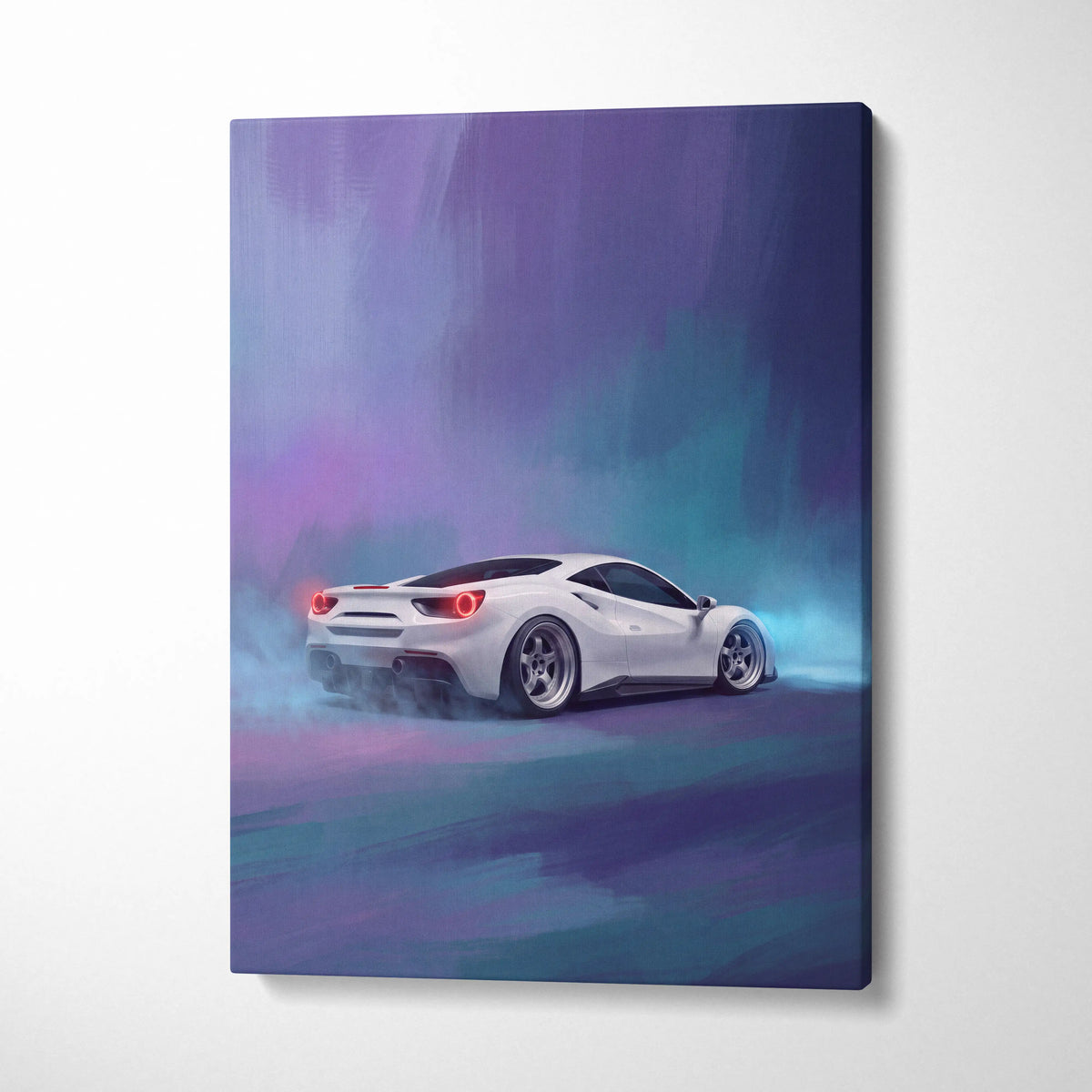 White Ferrari 488 GTB inspired canvas print with glowing red taillights and custom wheels on a vibrant purple teal background