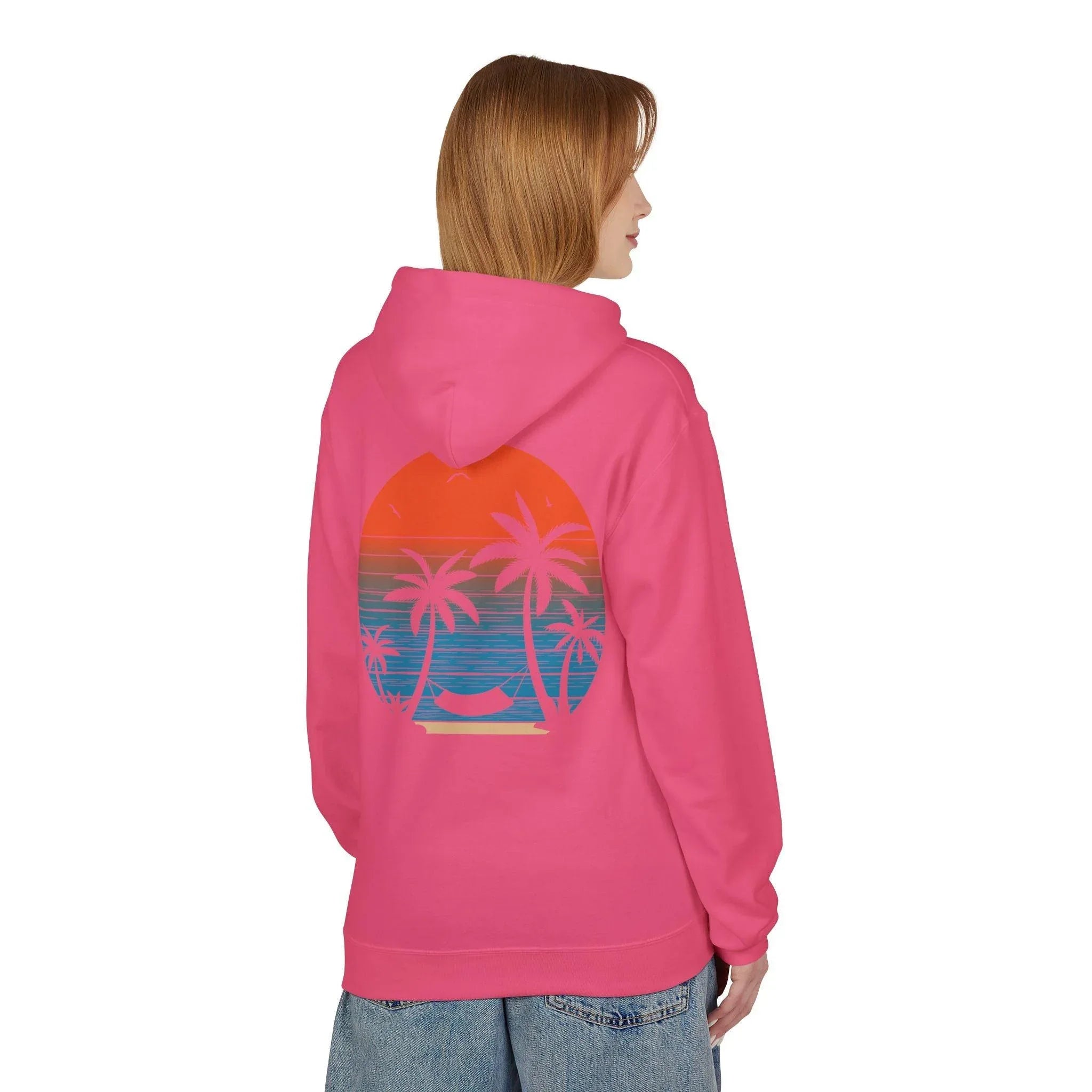Cozy Beach Sunset Vibes Fleece Hoodie with Palm Tree Design