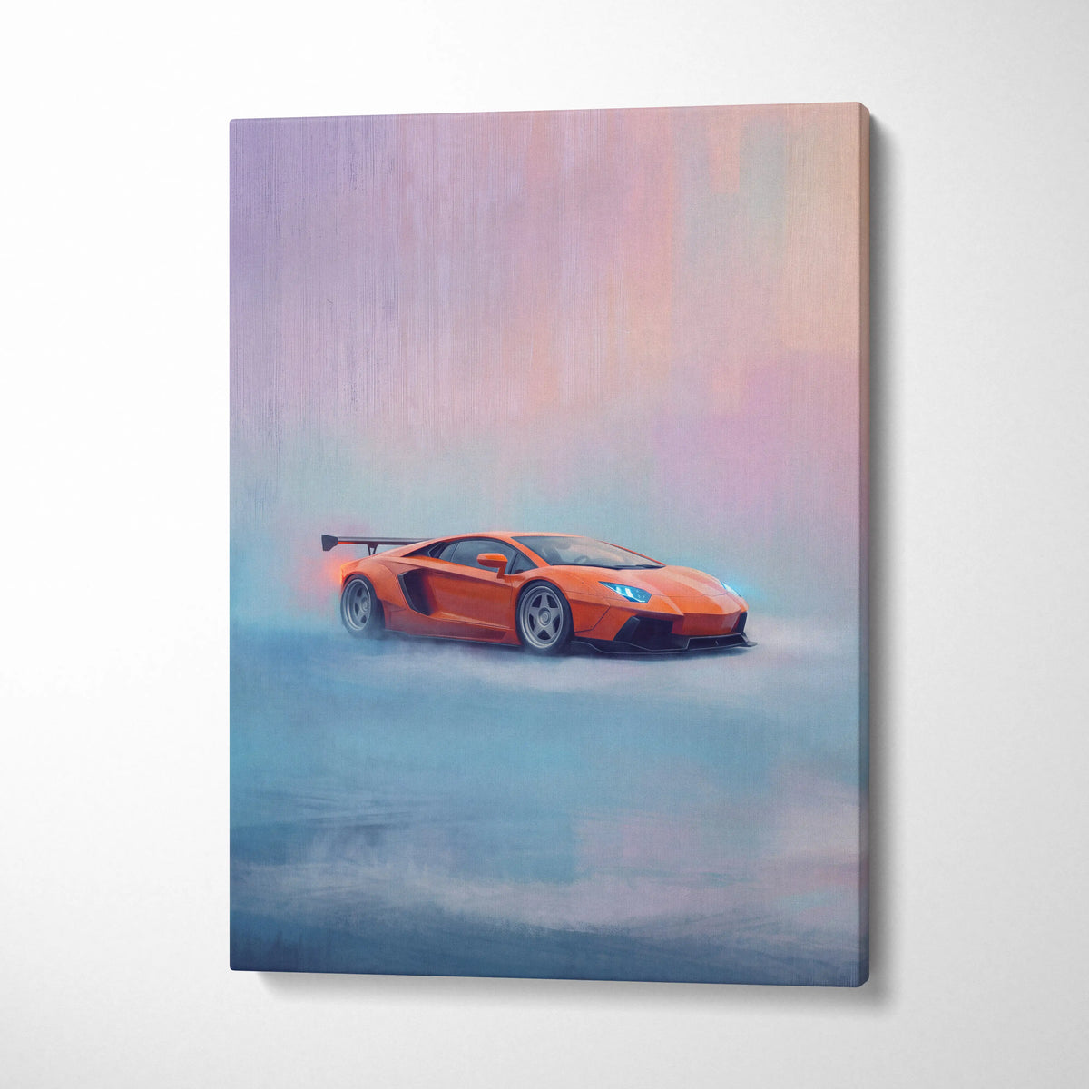 Vibrant orange Lamborghini Aventador supercar canvas art featuring stylized misty artwork for wall decor
