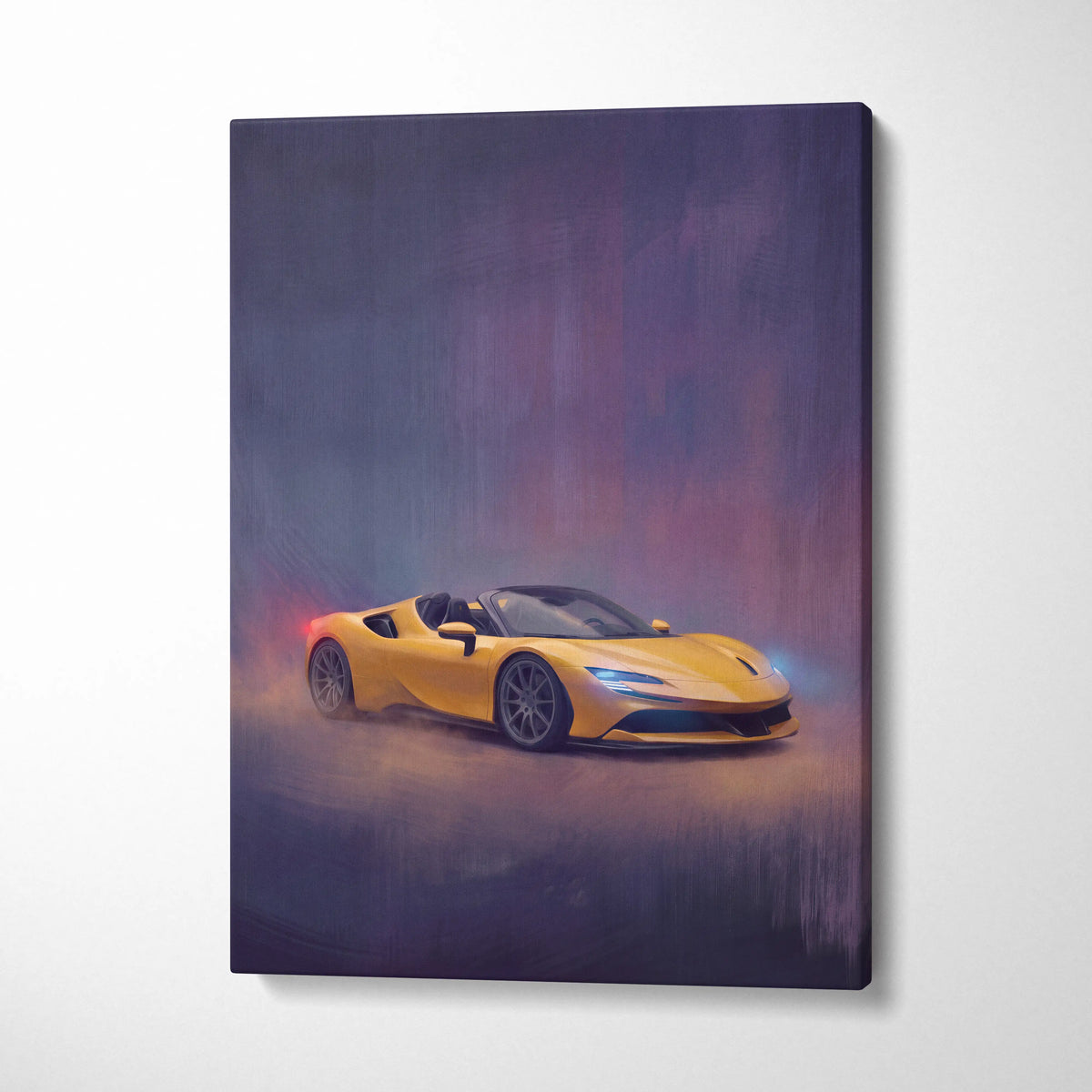 Vibrant yellow ferrari sf90 spider inspired sports car depicted in dynamic painterly style on premium canvas wall art
