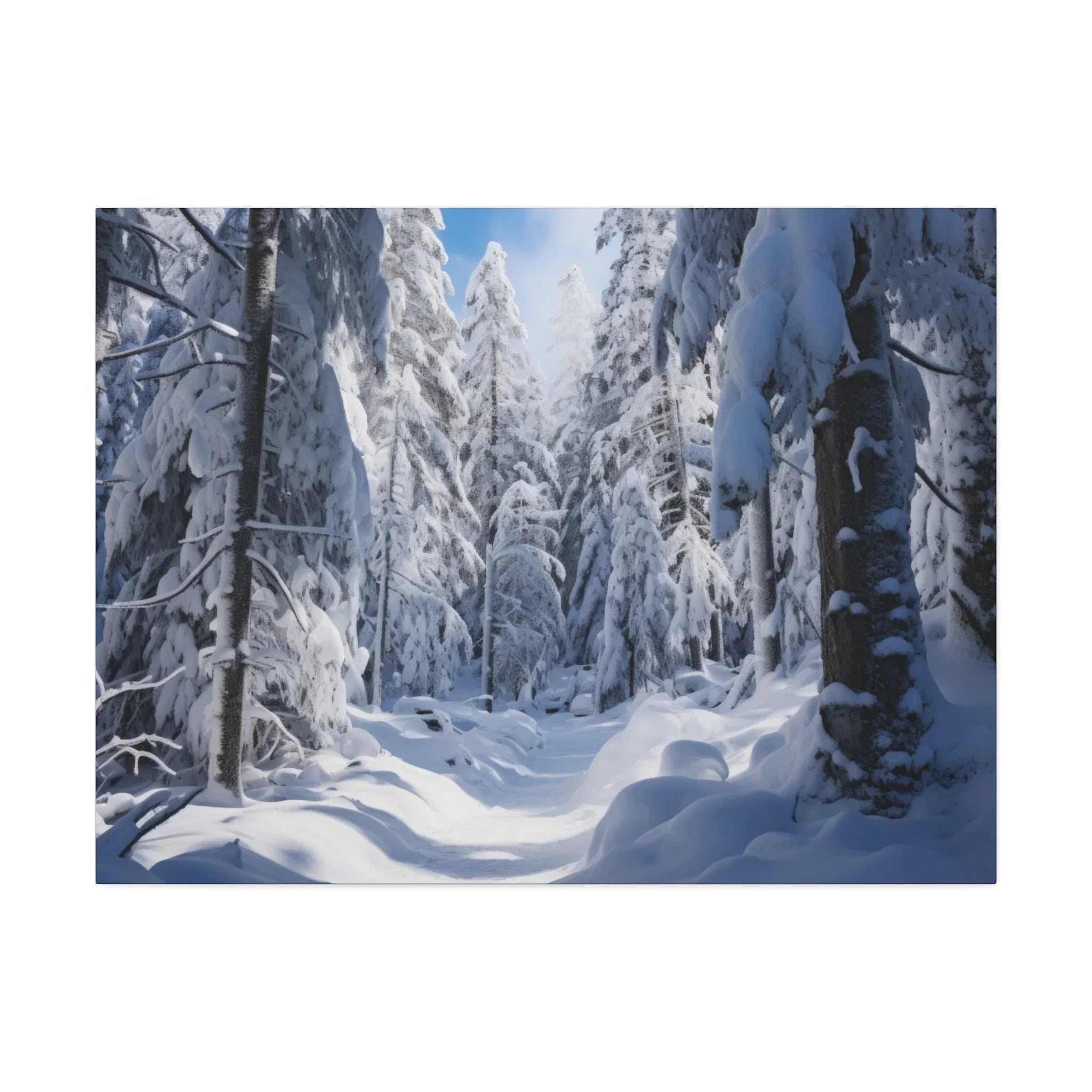 Winter snowy forest scene canvas wall art with snow-covered trees and serene blue sky decor.