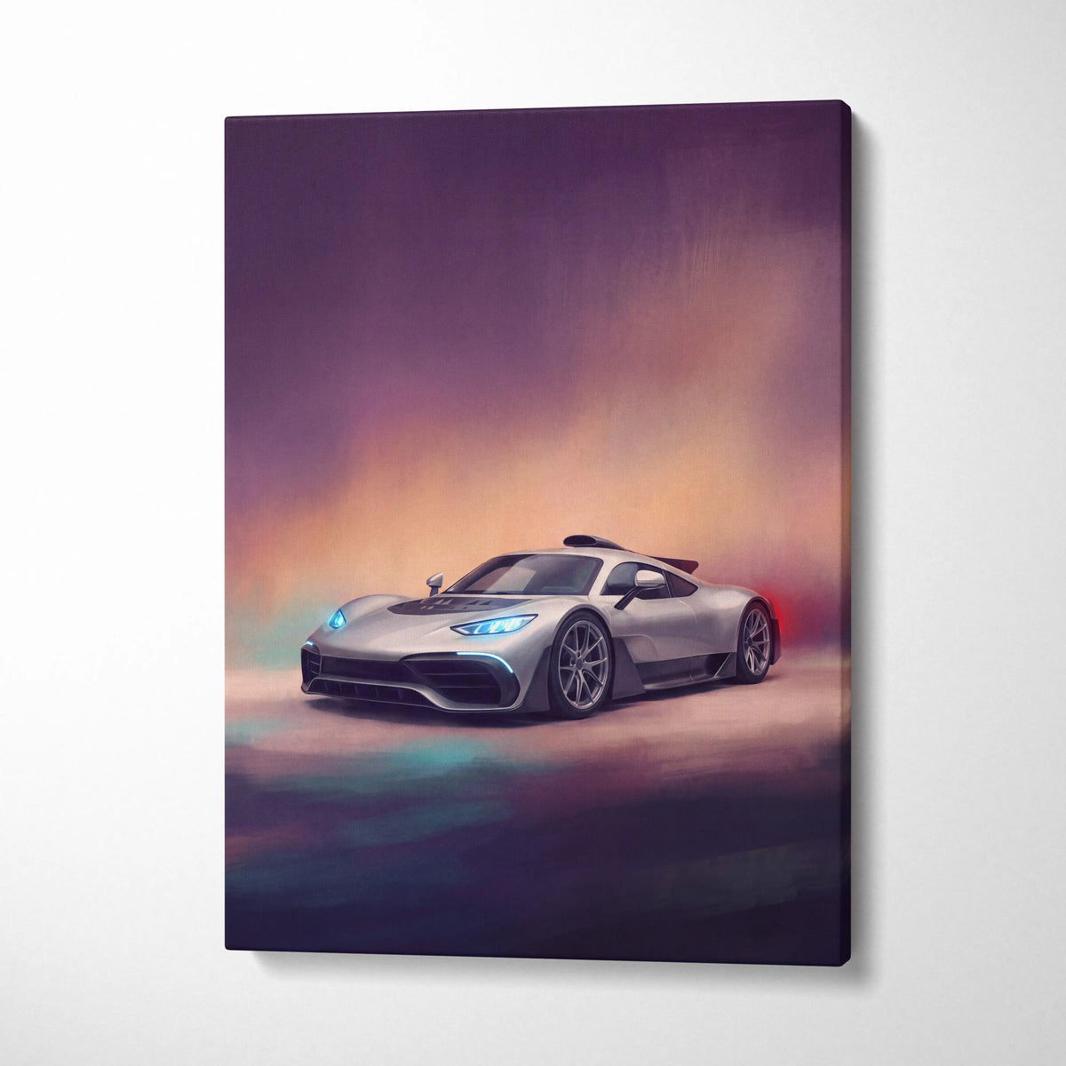 Silver mercedes-amg one hypercar wall art with glowing blue headlights on purple orange gradient canvas print