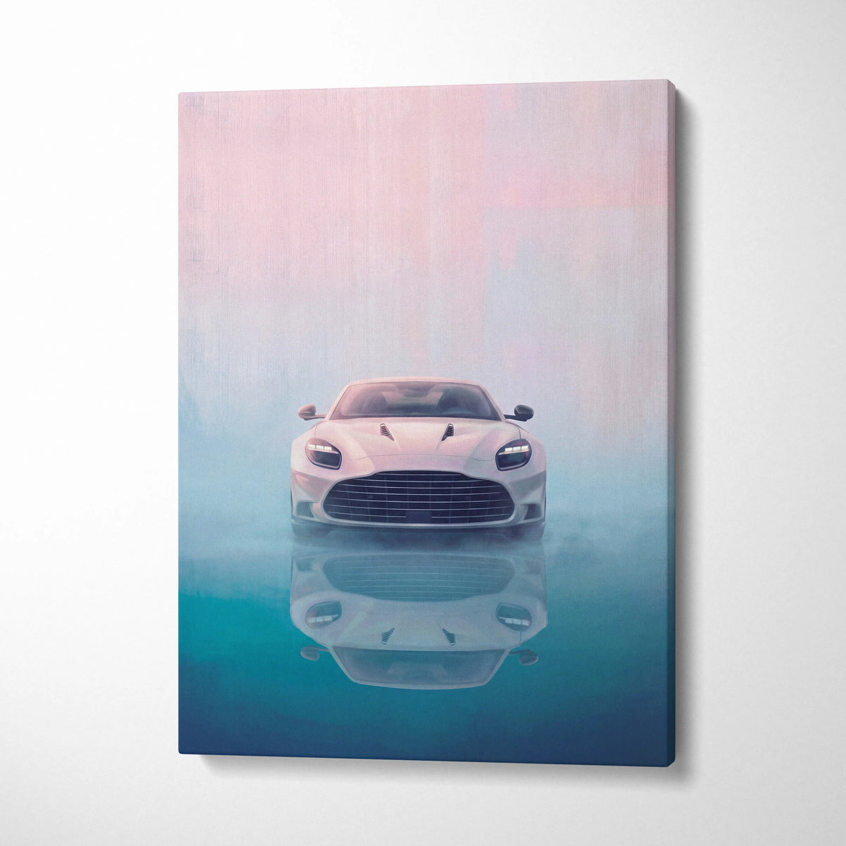 Aston Martin vantage inspired car wall art featuring a sleek white sports car on misty reflective canvas painting