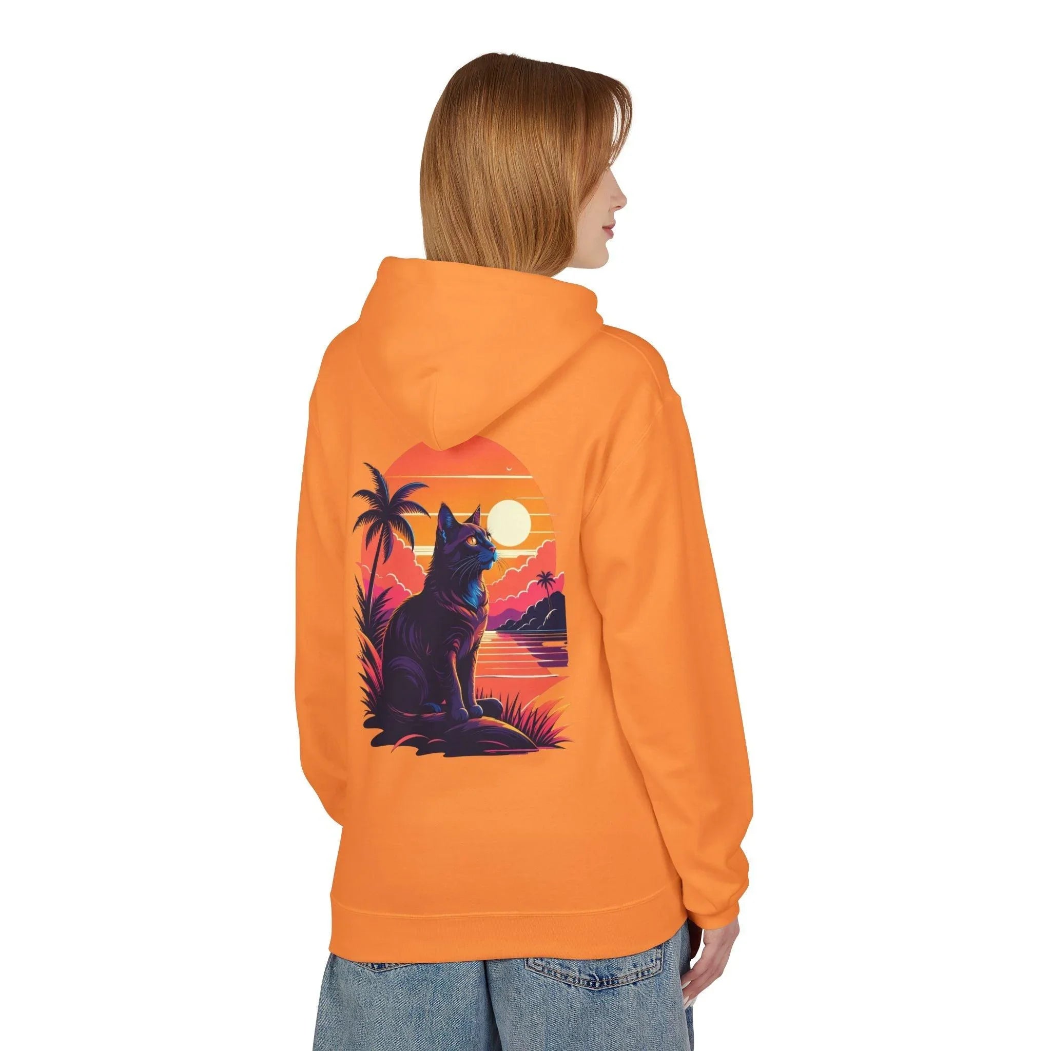 Cozy Cat Lover's Retro Sunset Fleece Hoodie