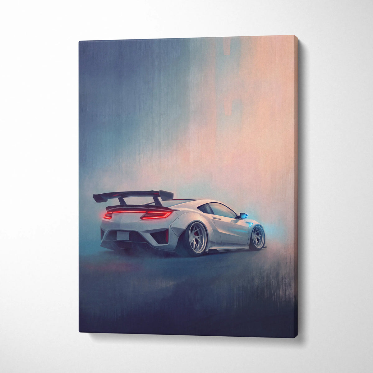 White acura nsx inspired supercar canvas art showing back with glowing red taillights and black rear spoiler