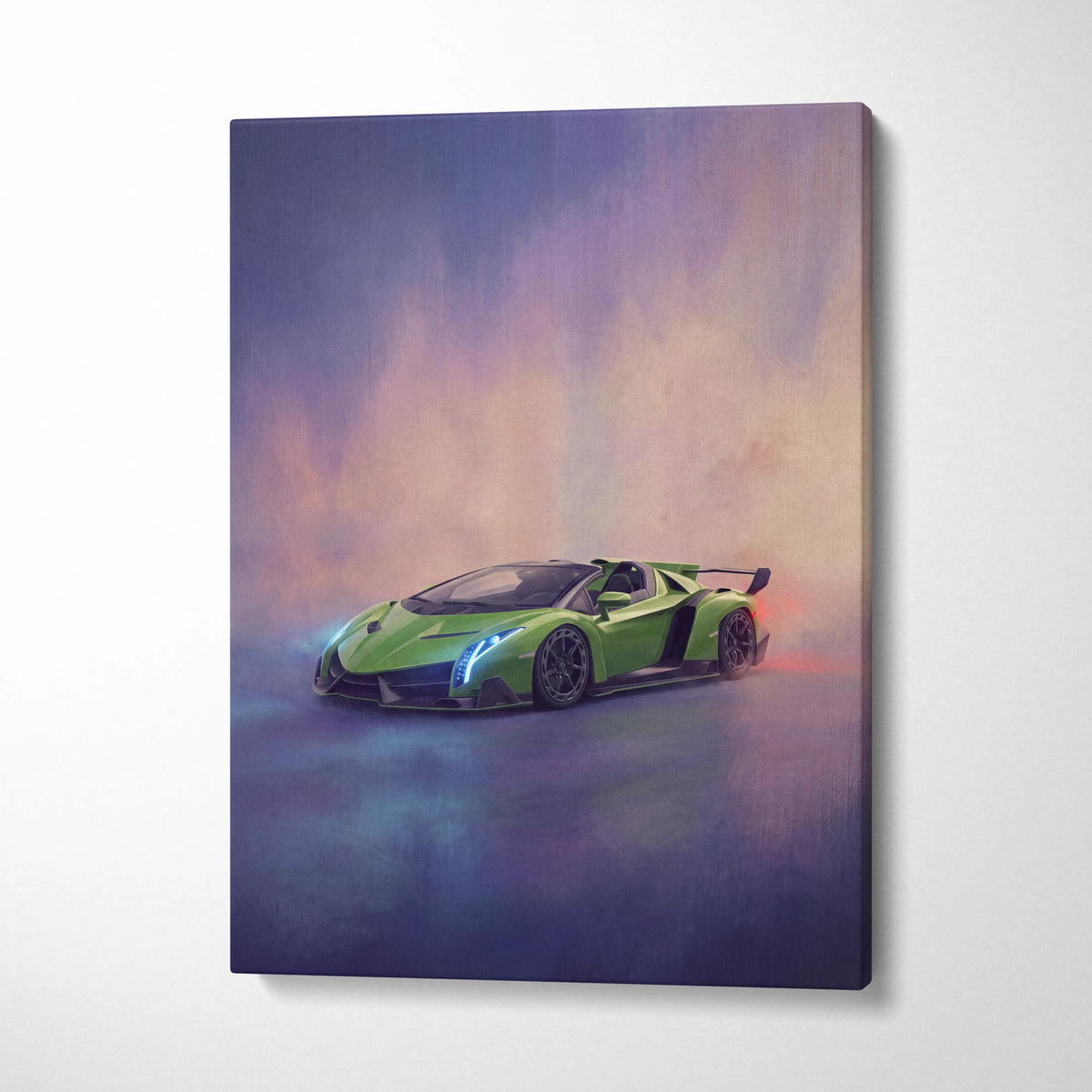 Lamborghini Veneno inspired canvas painting print featuring a vibrant lime green sports car with glowing accents