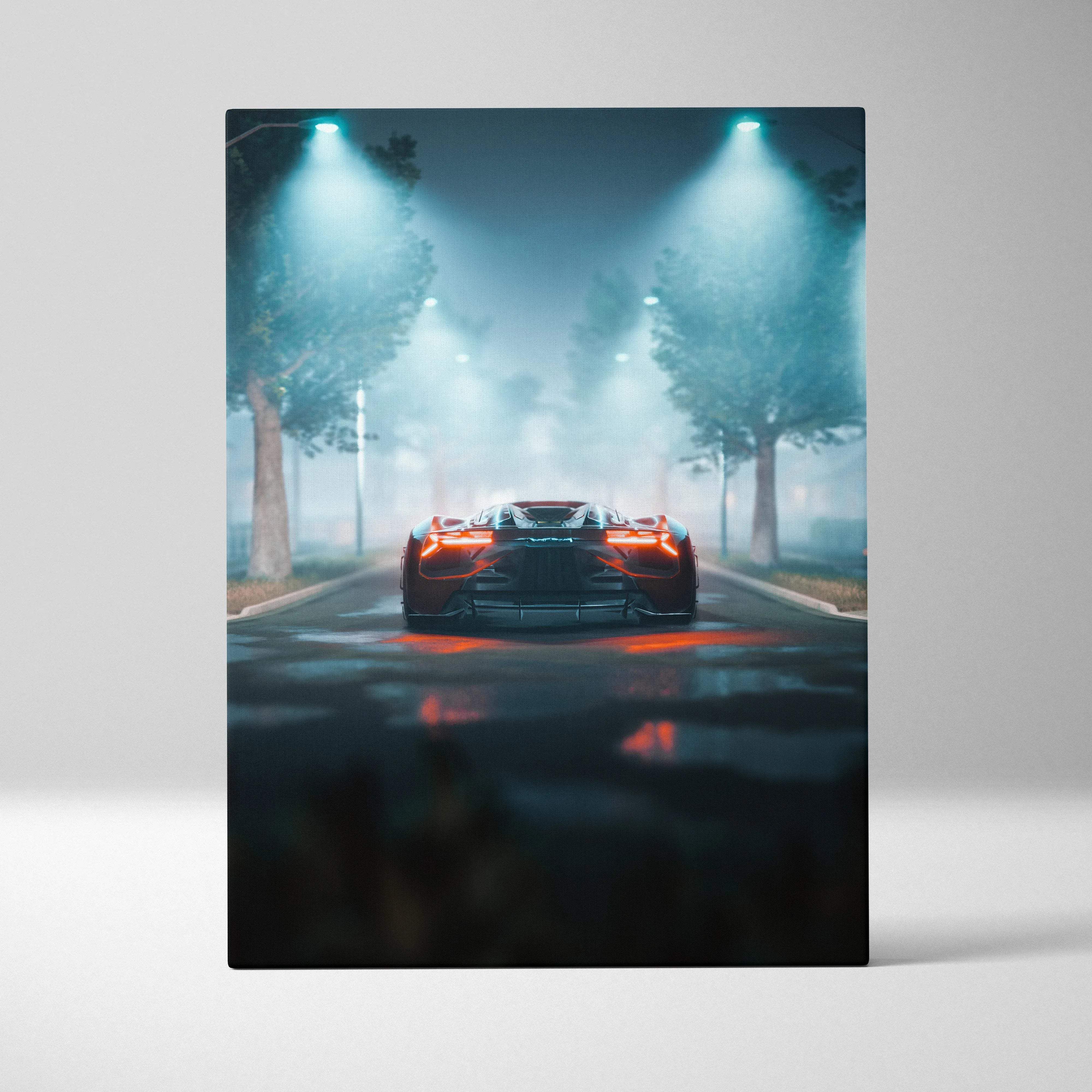 Futuristic orange supercar on foggy night street with teal lights