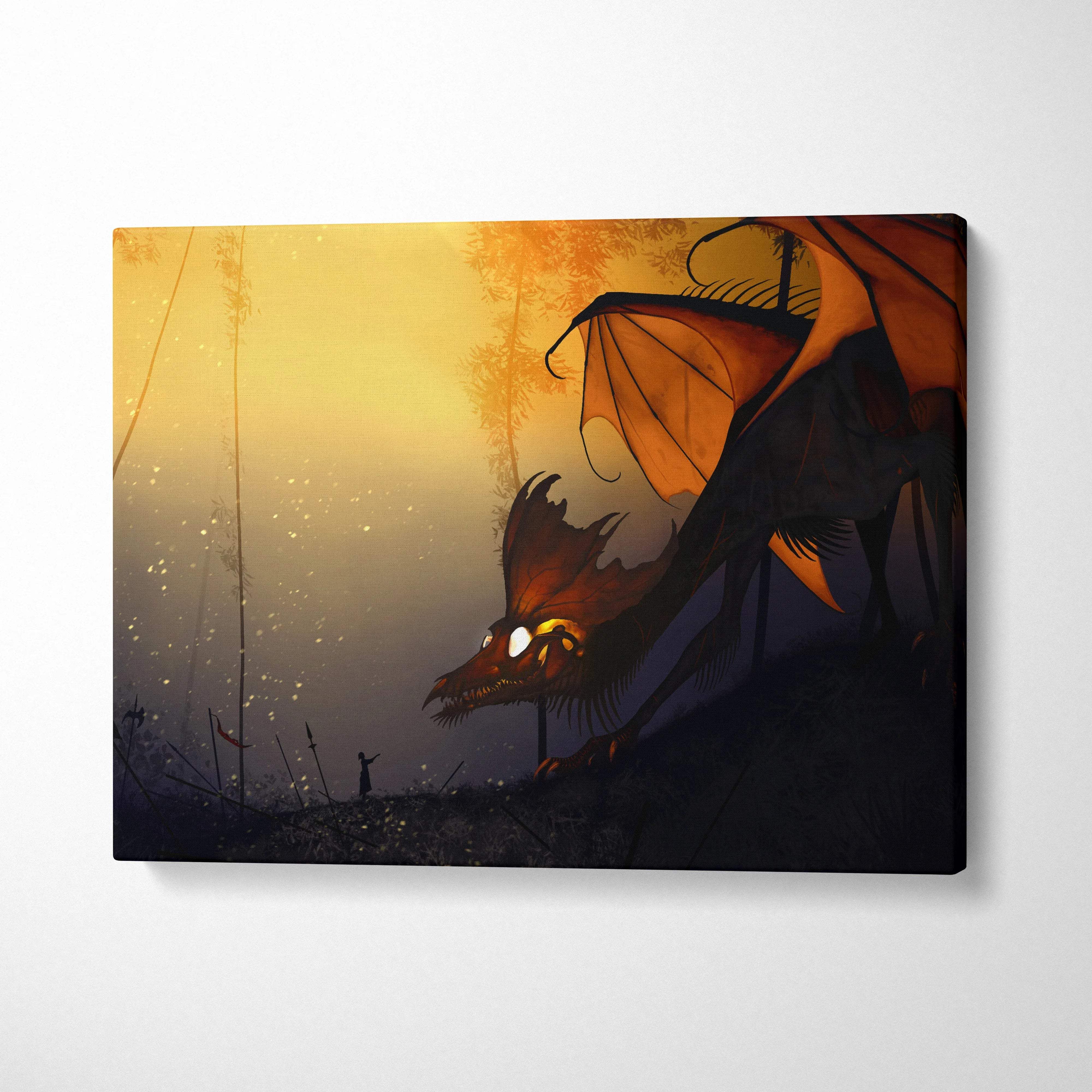 Dark fantasy dragon in sunset forest fiery orange canvas wall art
