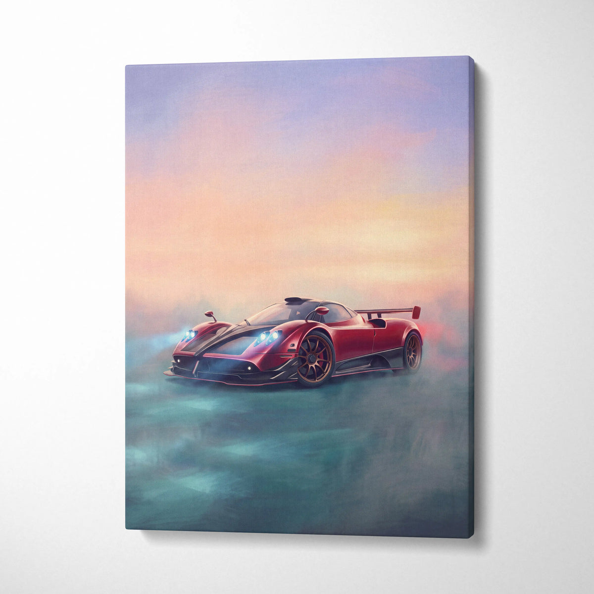 Red and black pagani huayra sports car canvas print with glowing headlights against dreamy sunset sky wall art