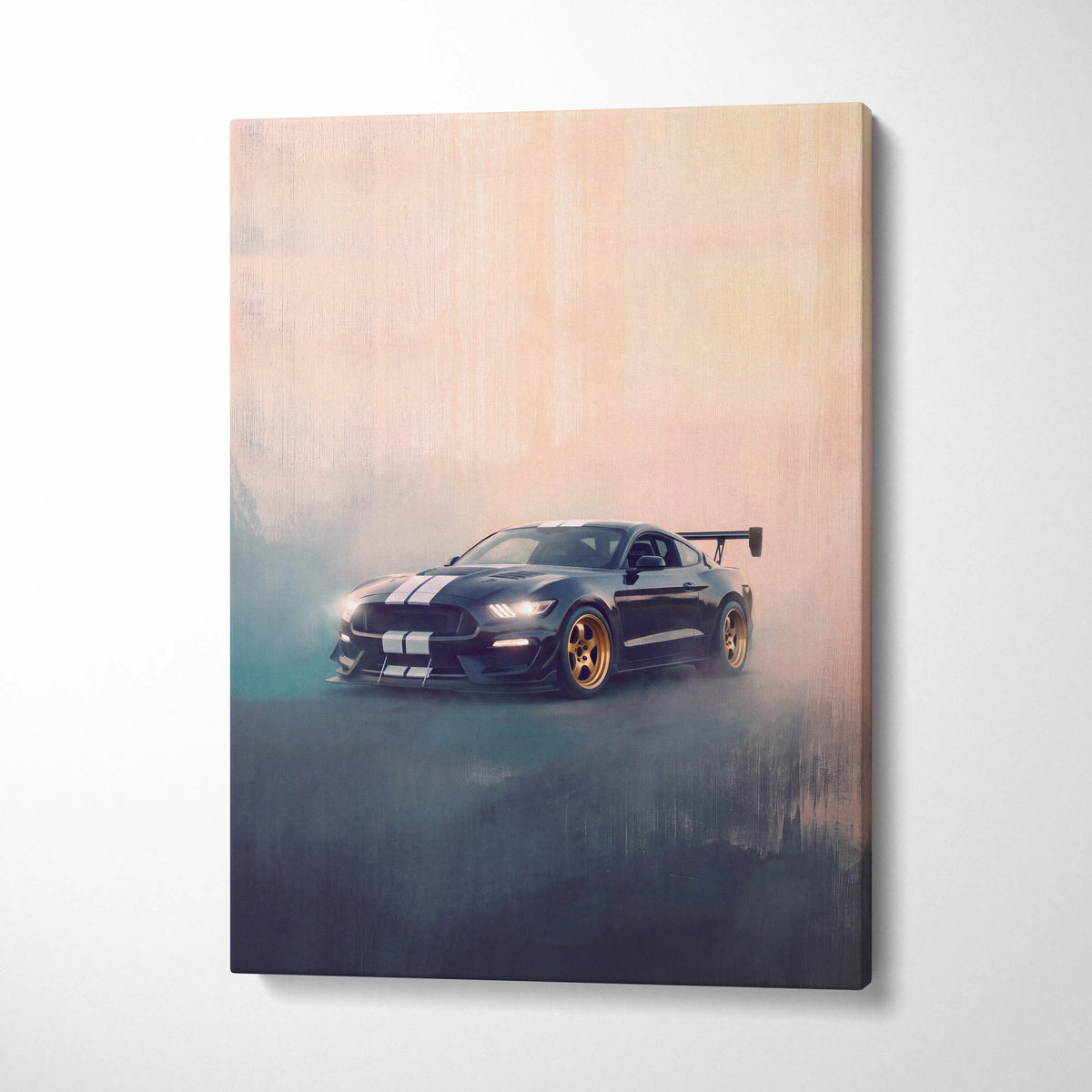 Black and white striped ford mustang shelby gt500 canvas print with gold rims for garage wall art