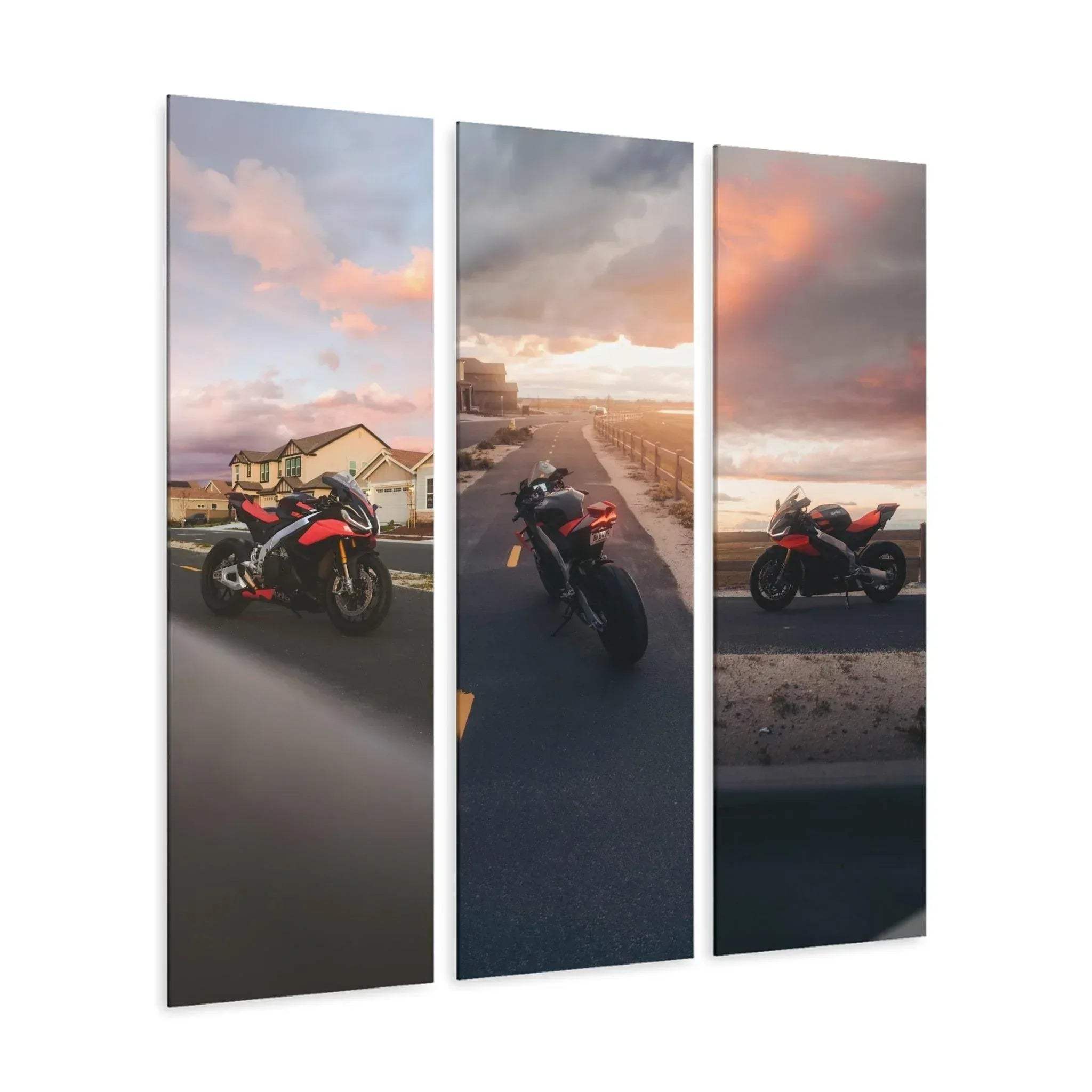Three-piece acrylic canvas art featuring Aprilia RSV4 1100 motorcycle at sunset, vertical wall art panels.