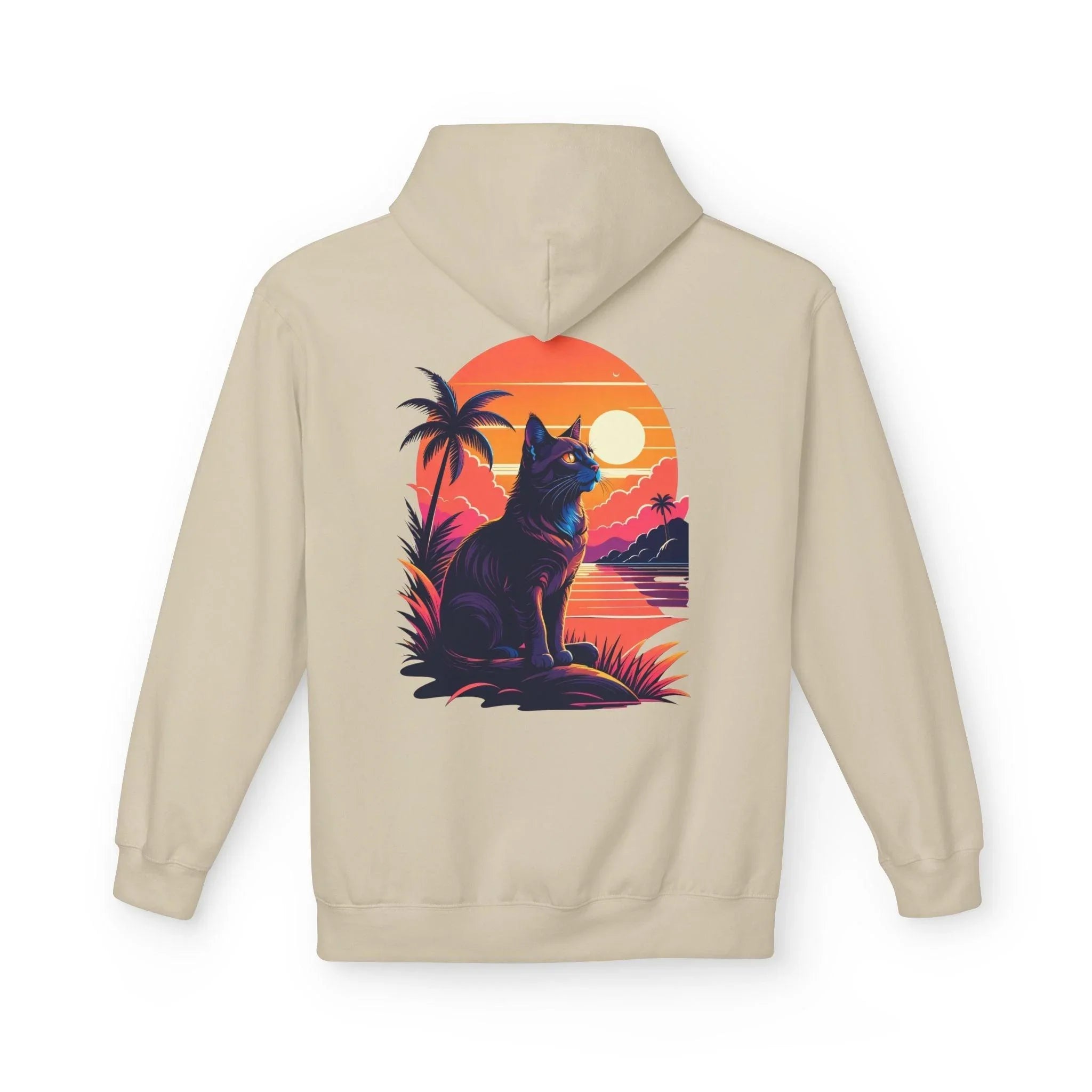 Cozy Cat Lover's Retro Sunset Fleece Hoodie
