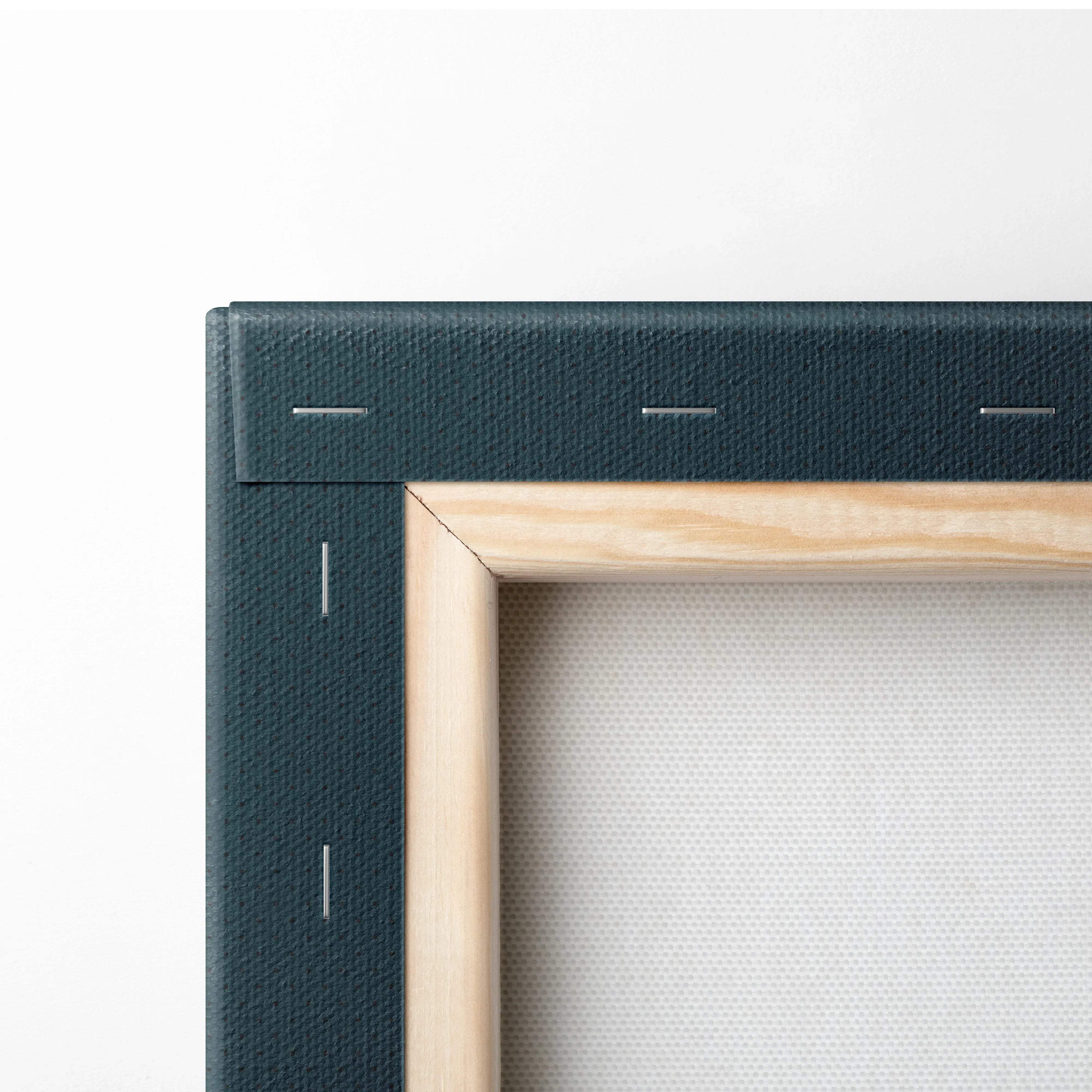 Dark green textured canvas frame with light wood edge for minimalist sunset ocean art