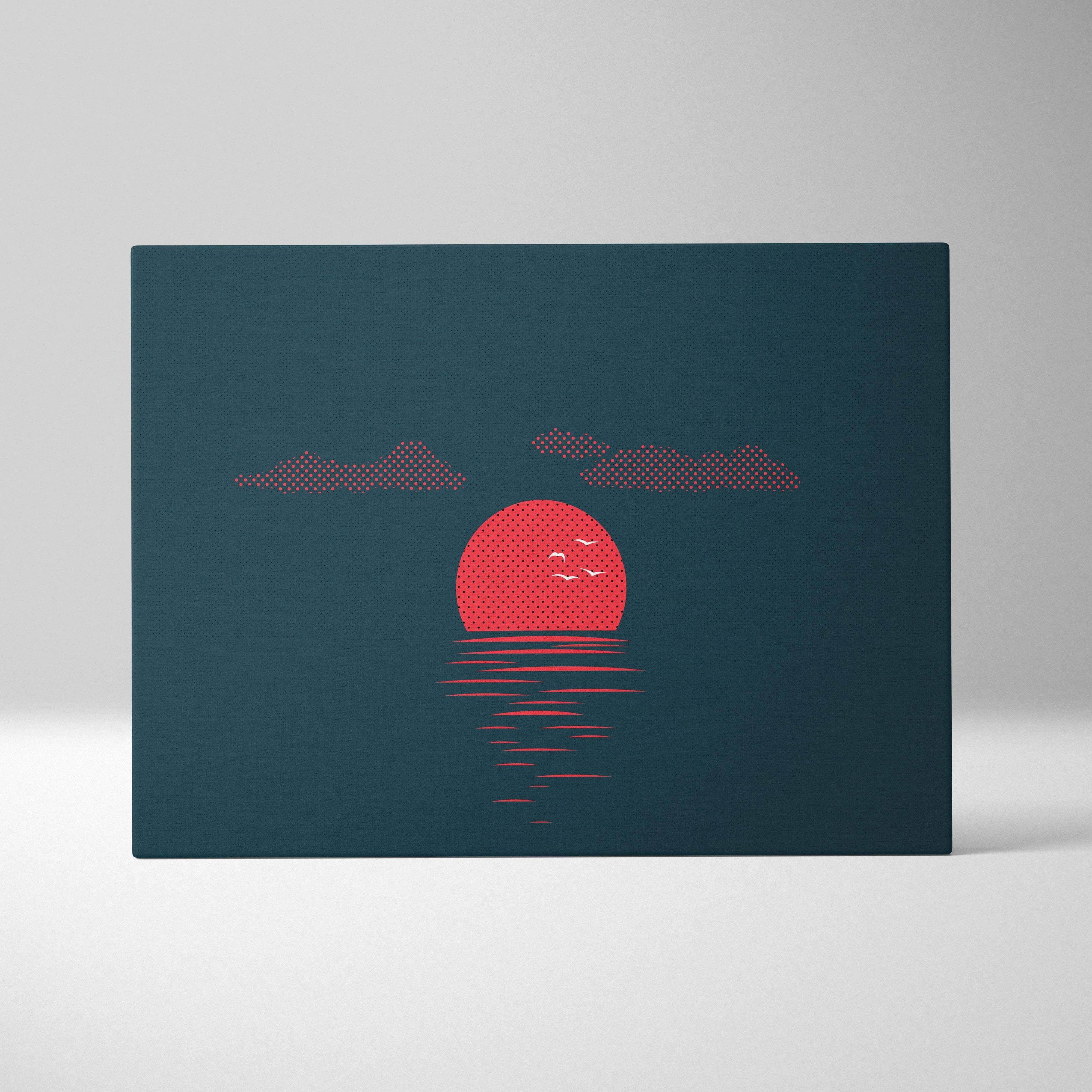 Minimalist red sun sunset over ocean canvas art in teal with dotted birds clouds