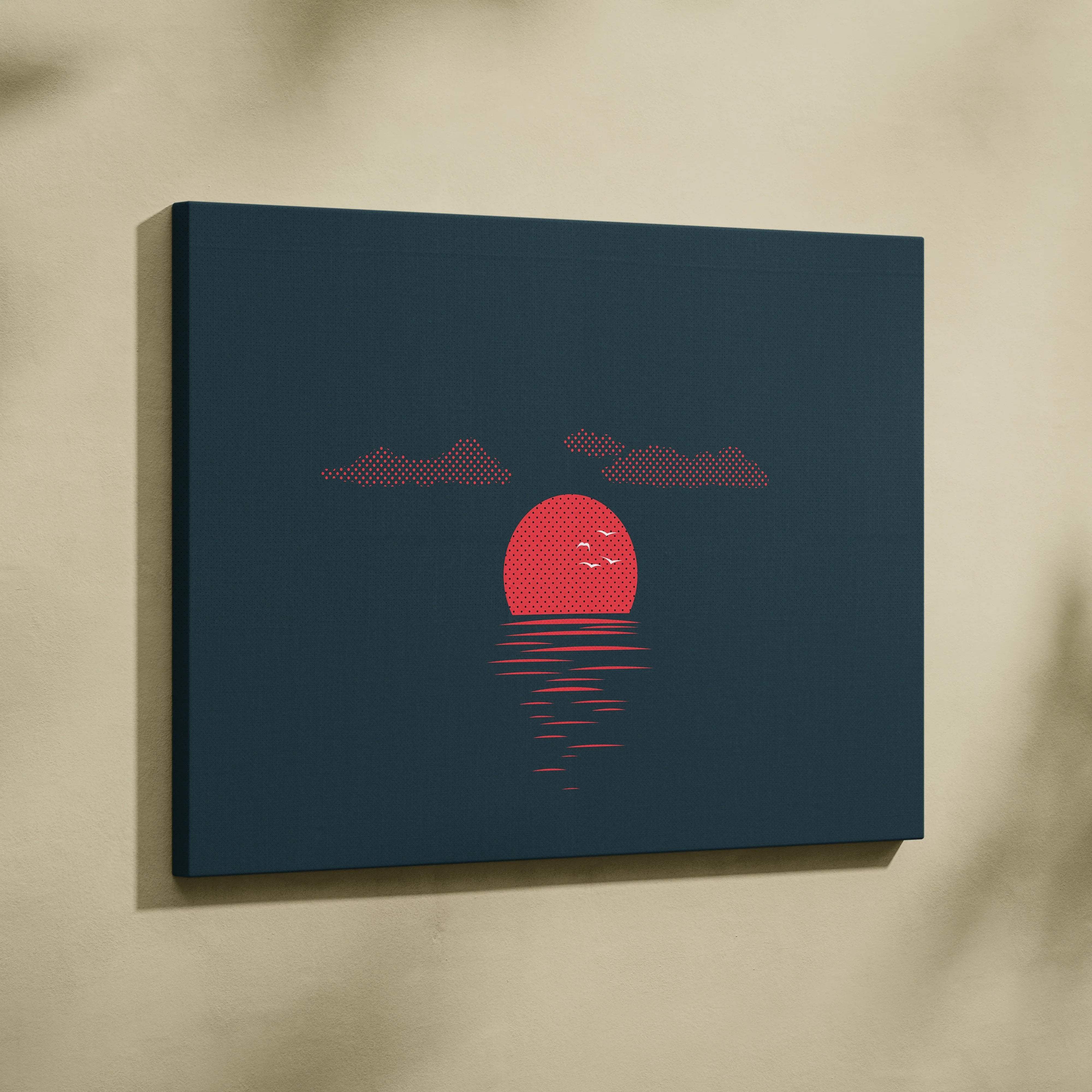 Minimalist deep teal sunset ocean canvas art with red sun birds clouds