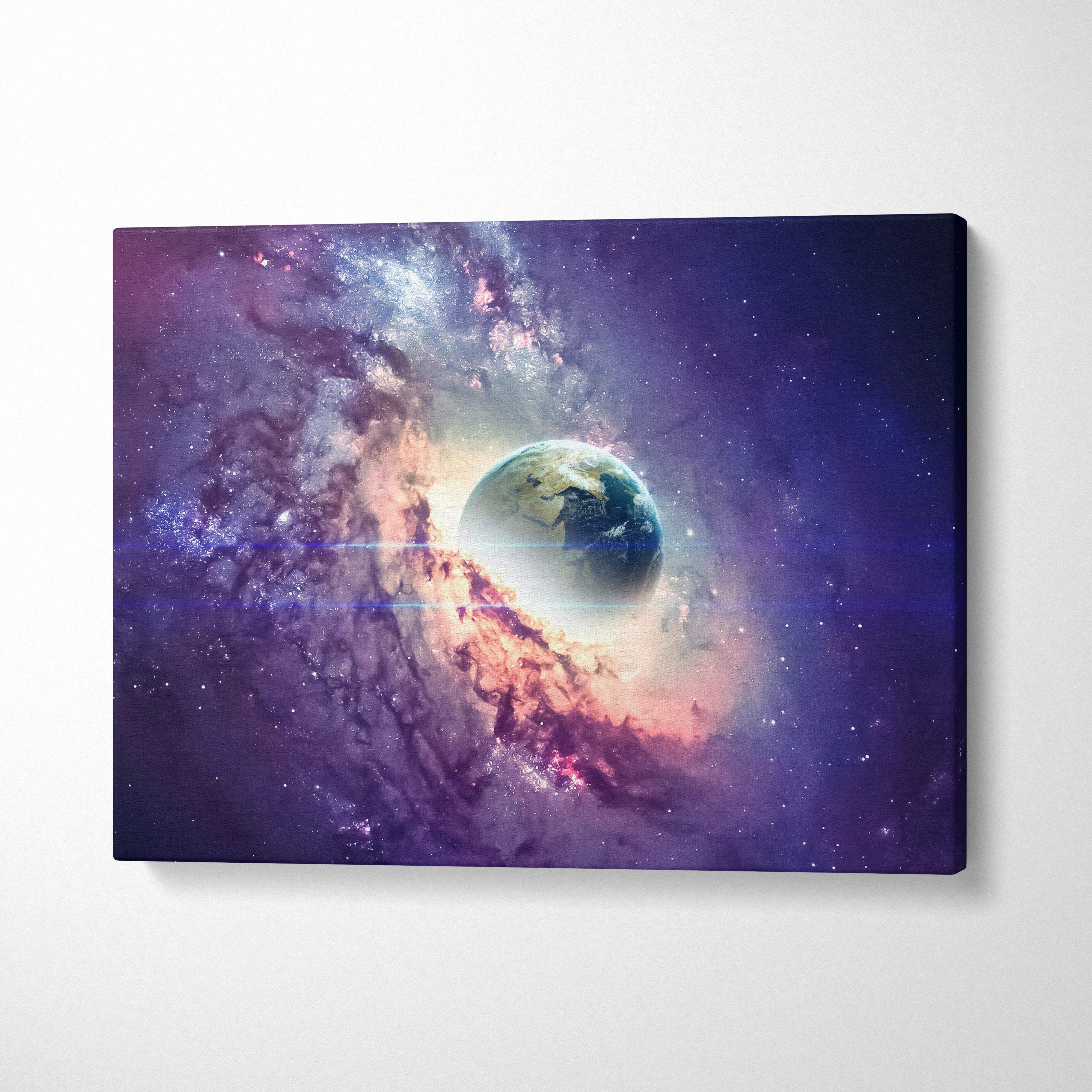 Earth emerging from nebula in deep space purple blue gold canvas art