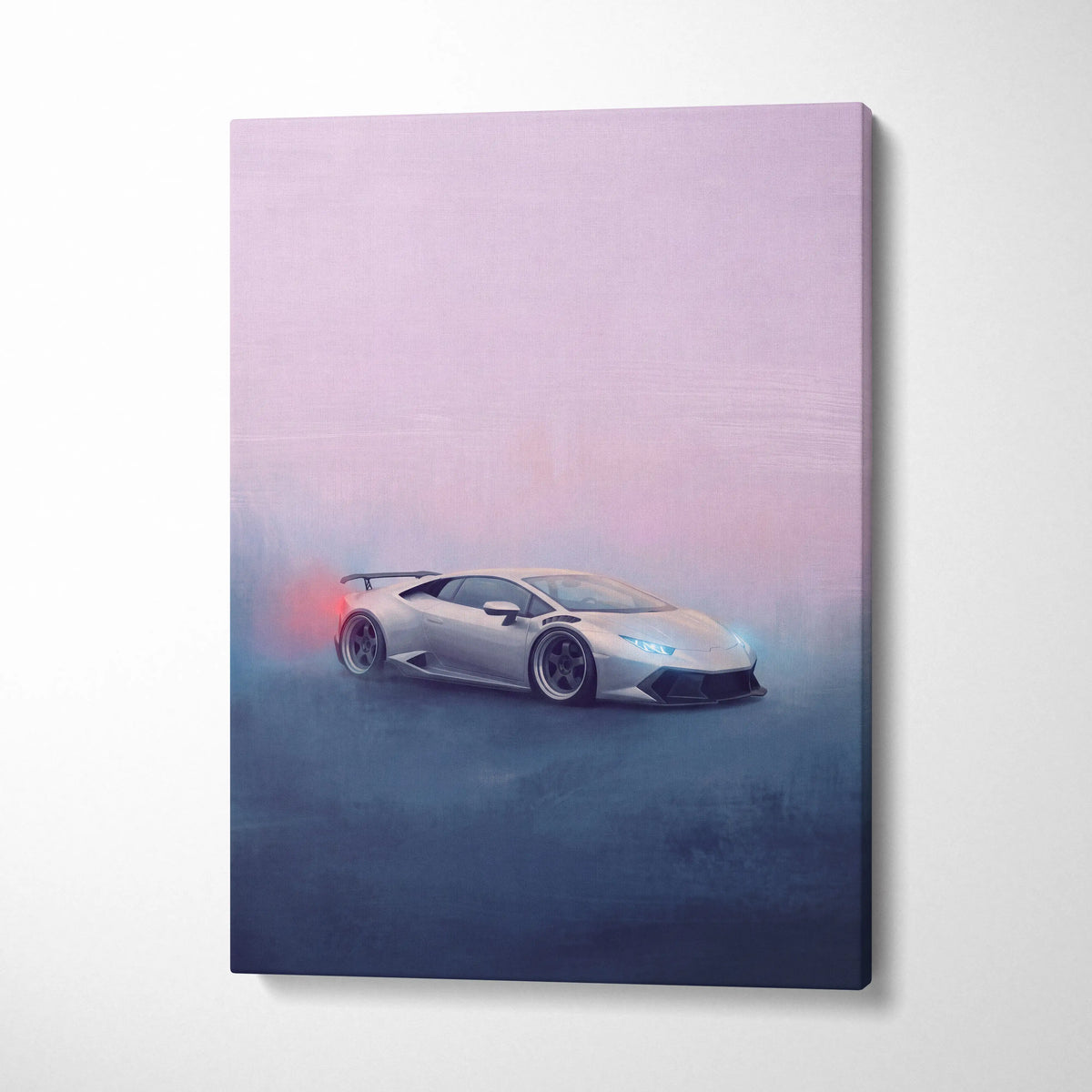 Silver lamborghini huracán inspired luxury supercar canvas print featuring the sports car drifting in a misty pastel scene