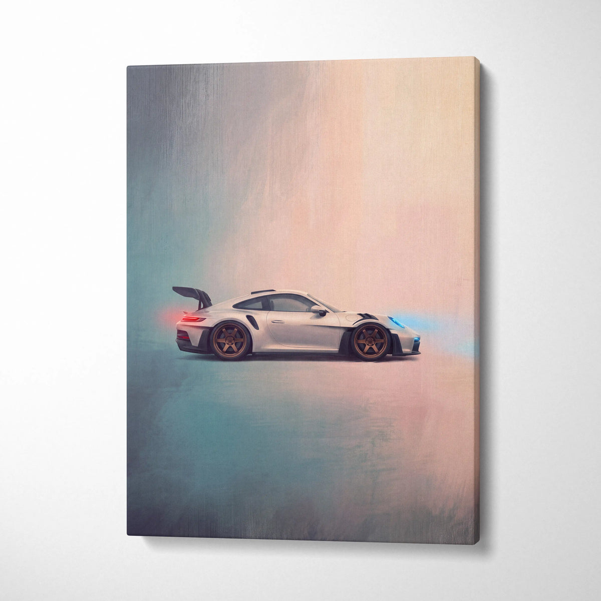 White Porsche 911 GT3 RS canvas print with glowing blue and red accents for car wall art track edition