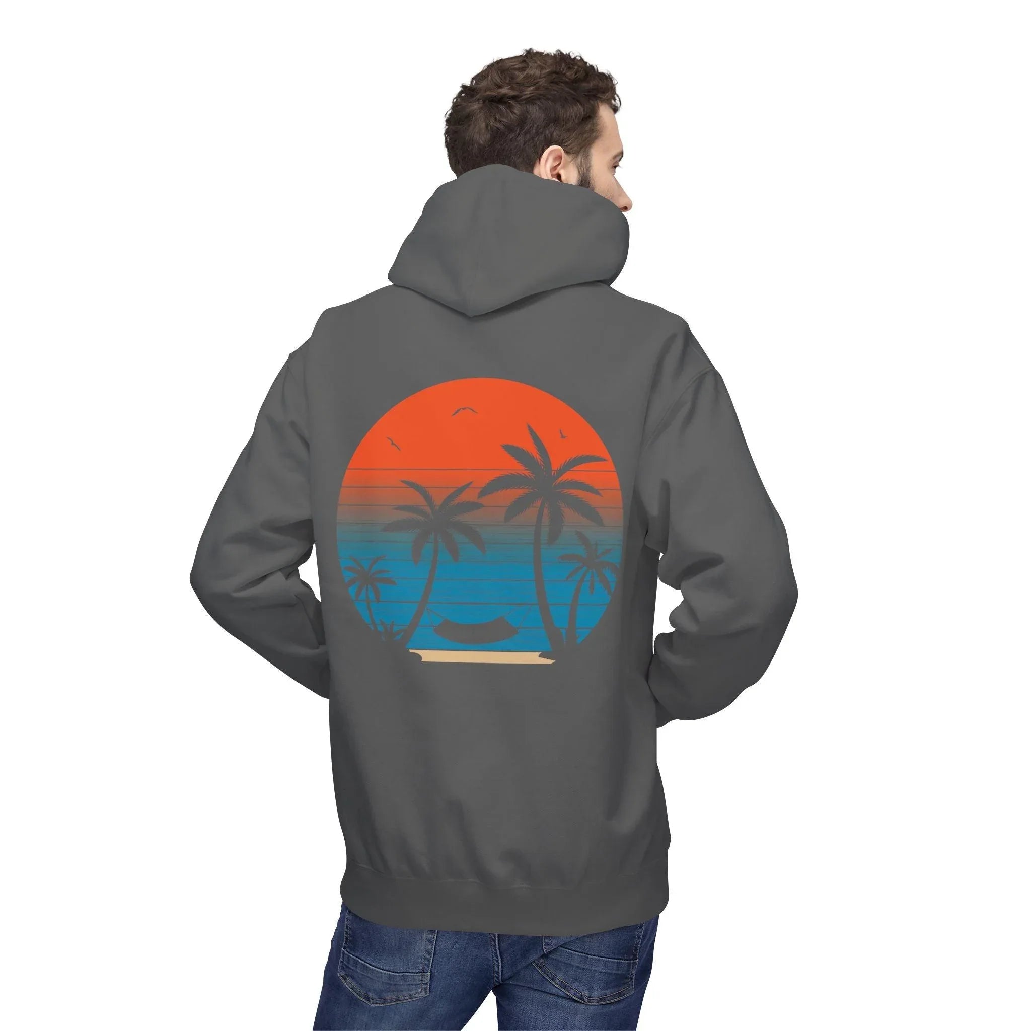 Cozy Beach Sunset Vibes Fleece Hoodie with Palm Tree Design