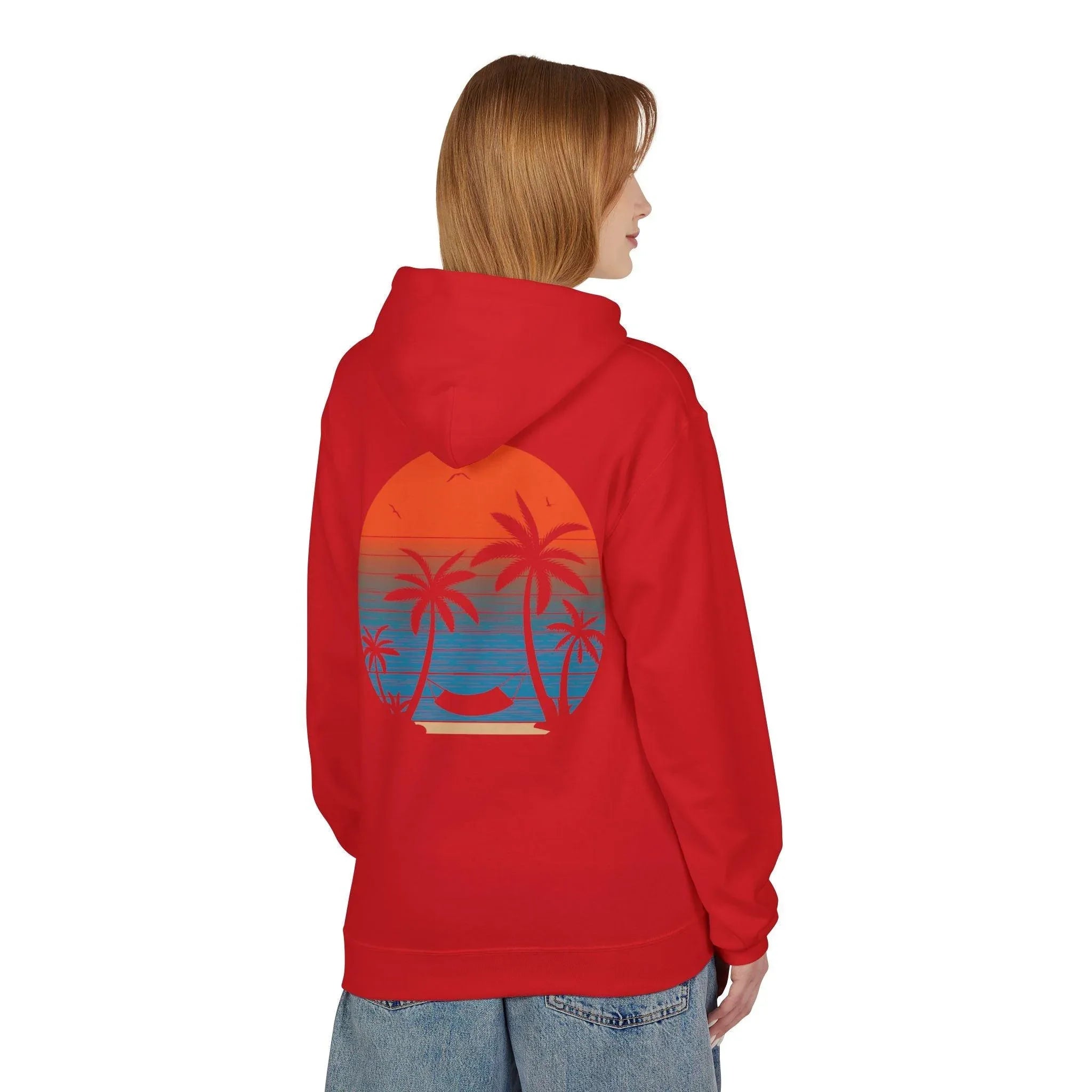Cozy Beach Sunset Vibes Fleece Hoodie with Palm Tree Design