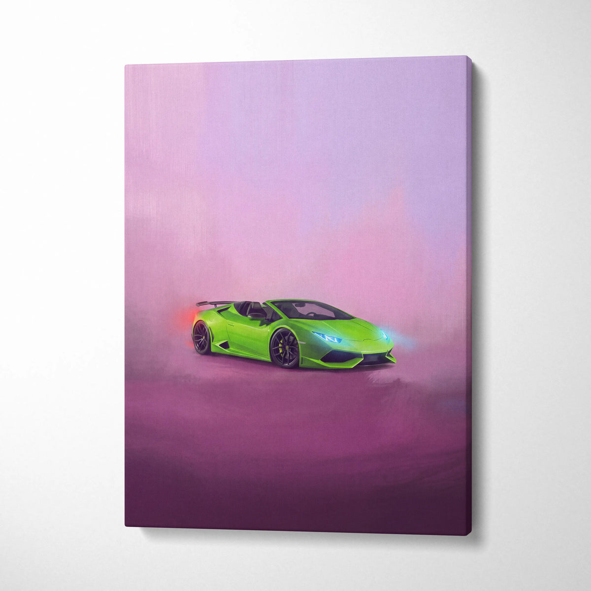 Lamborghini Huracán Spyder inspired lime green convertible canvas print with glowing headlights on purple gradient background