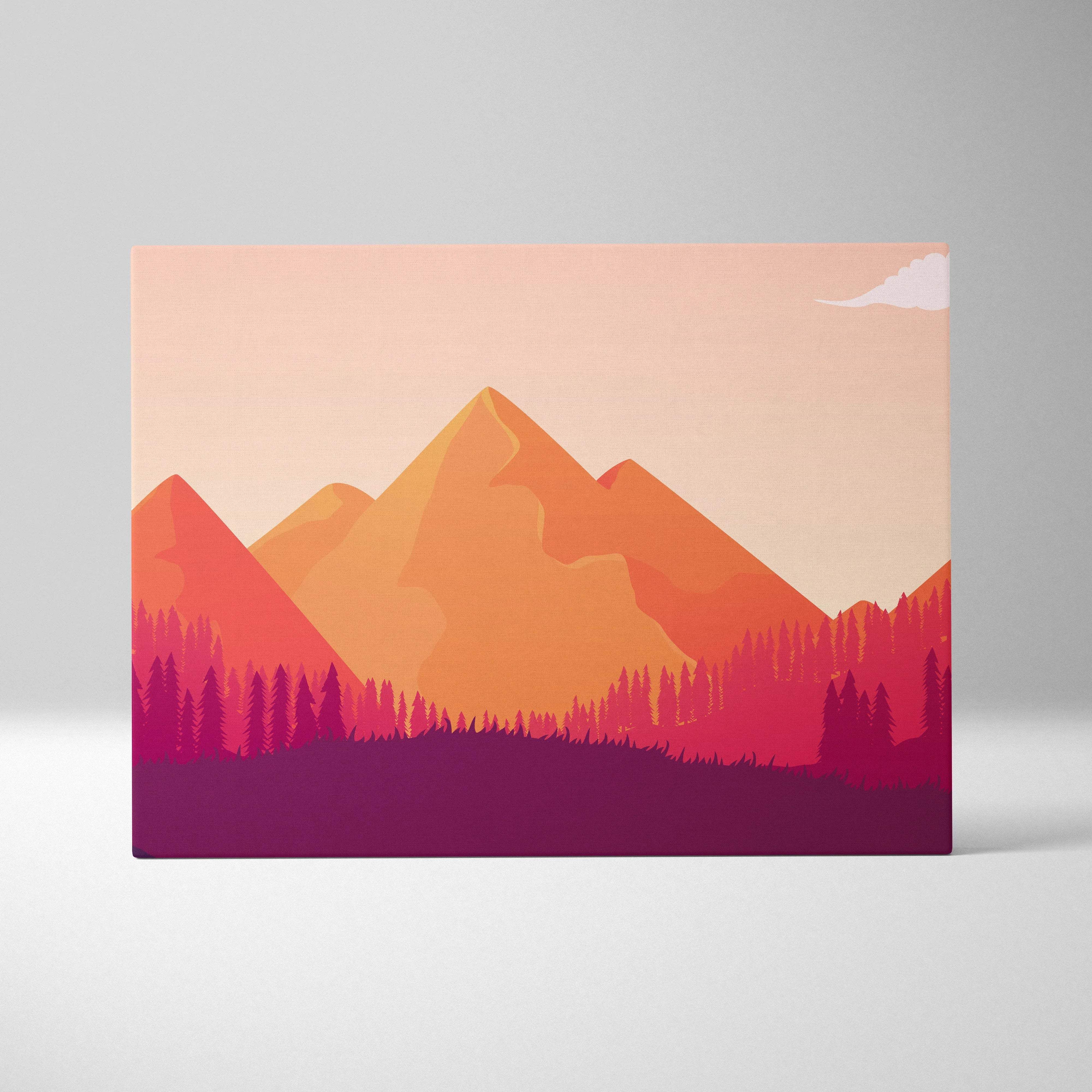 Minimalist autumn mountain canvas art with orange magenta peaks and pine silhouettes