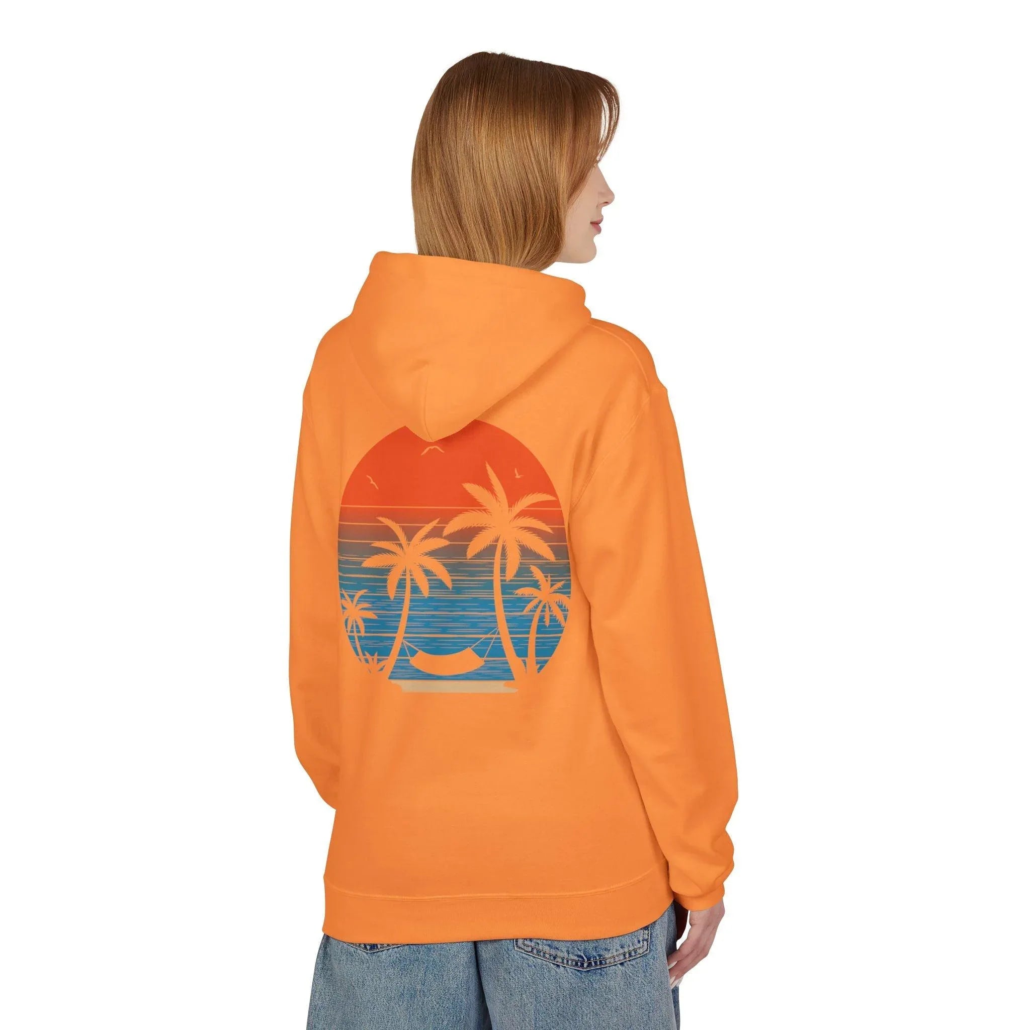 Cozy Beach Sunset Vibes Fleece Hoodie with Palm Tree Design