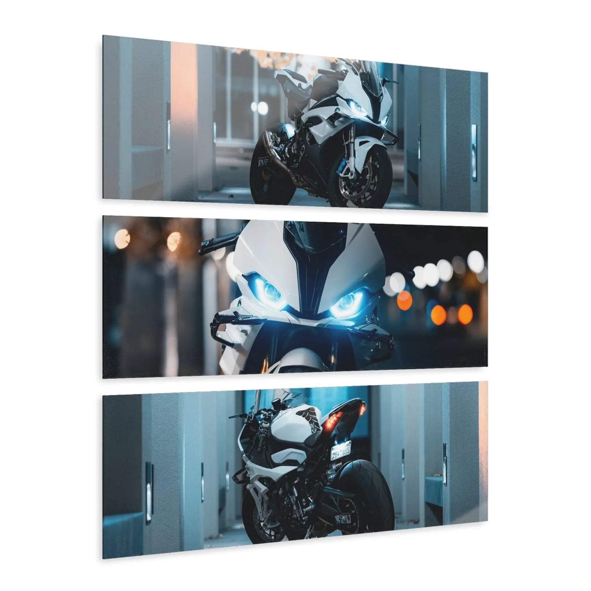 BMW S1000RR motorcycle canvas wall art set, three-panel acrylic canvas art with night city lighting effects.