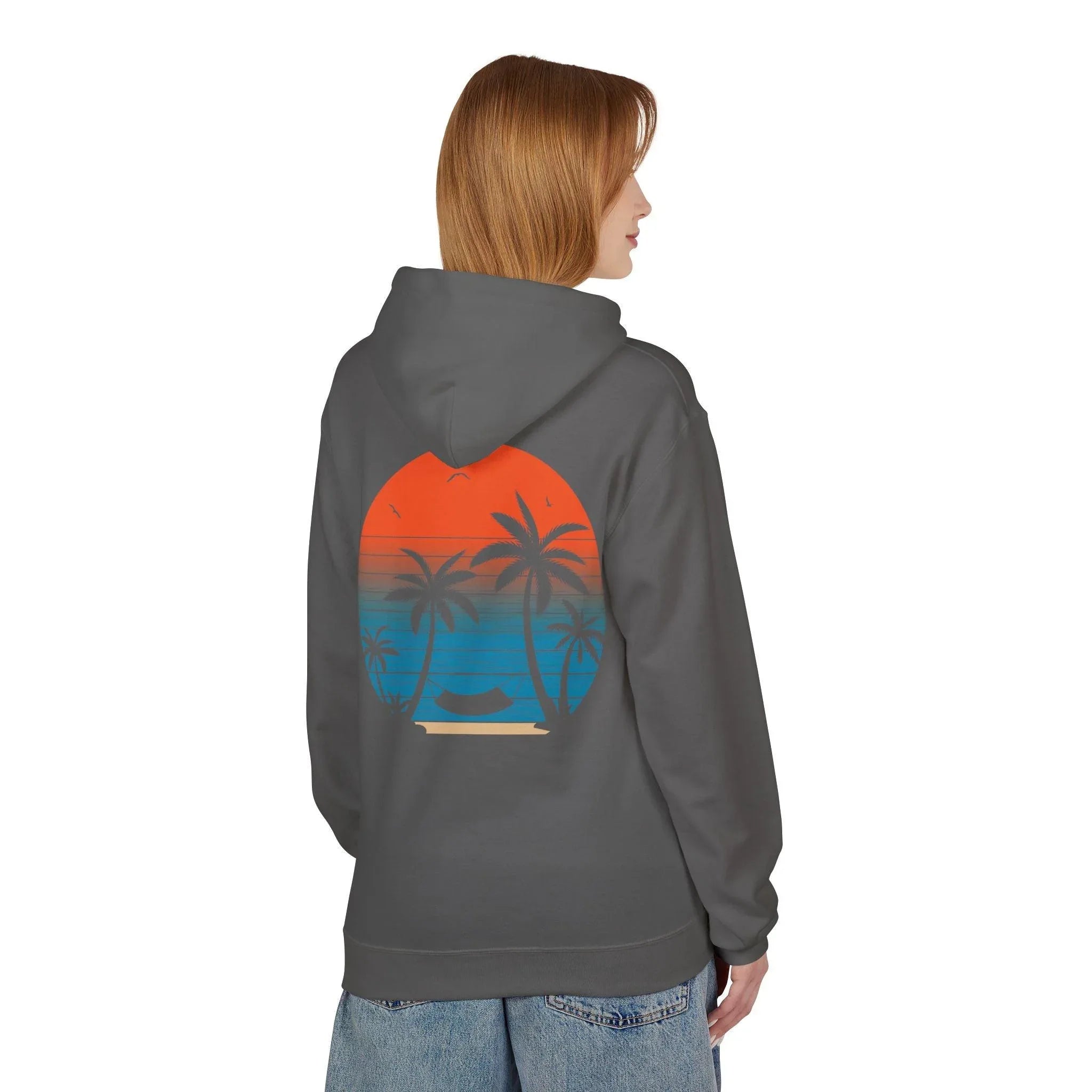 Cozy Beach Sunset Vibes Fleece Hoodie with Palm Tree Design