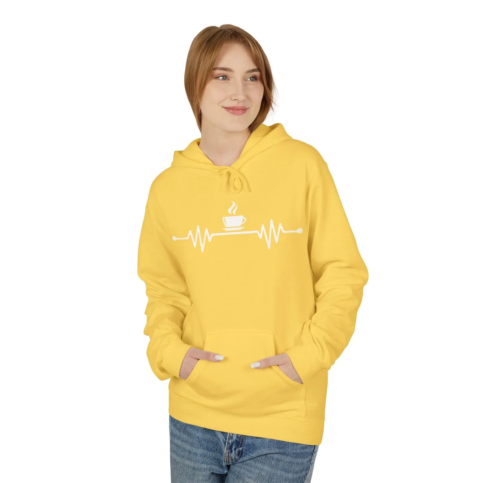 Cozy Coffee Lover's Fleece Hoodie – Heartbeat Design for Ultimate Comfort