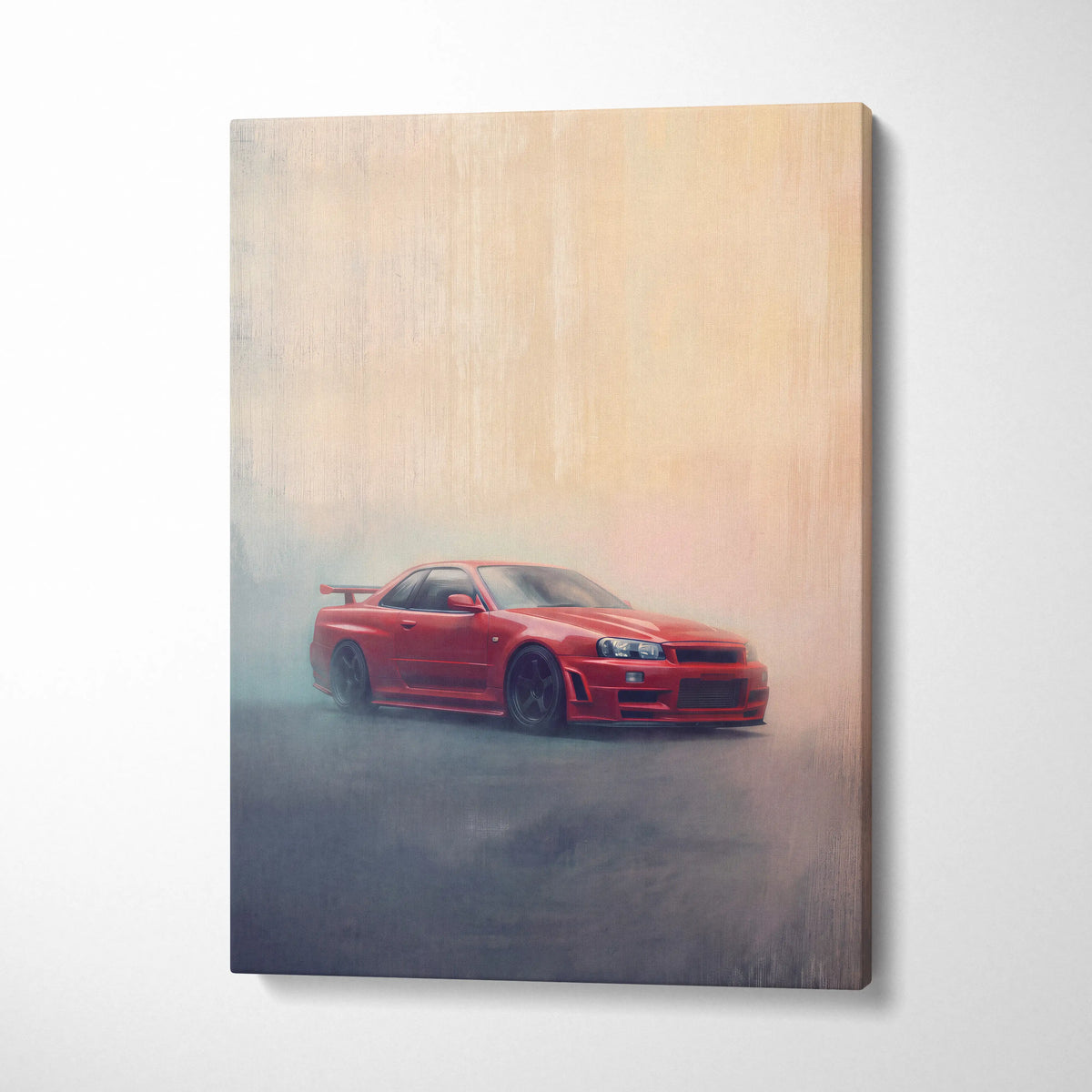 Vibrant red nissan skyline r34 sports car canvas print with smoky atmosphere for automotive office wall decor
