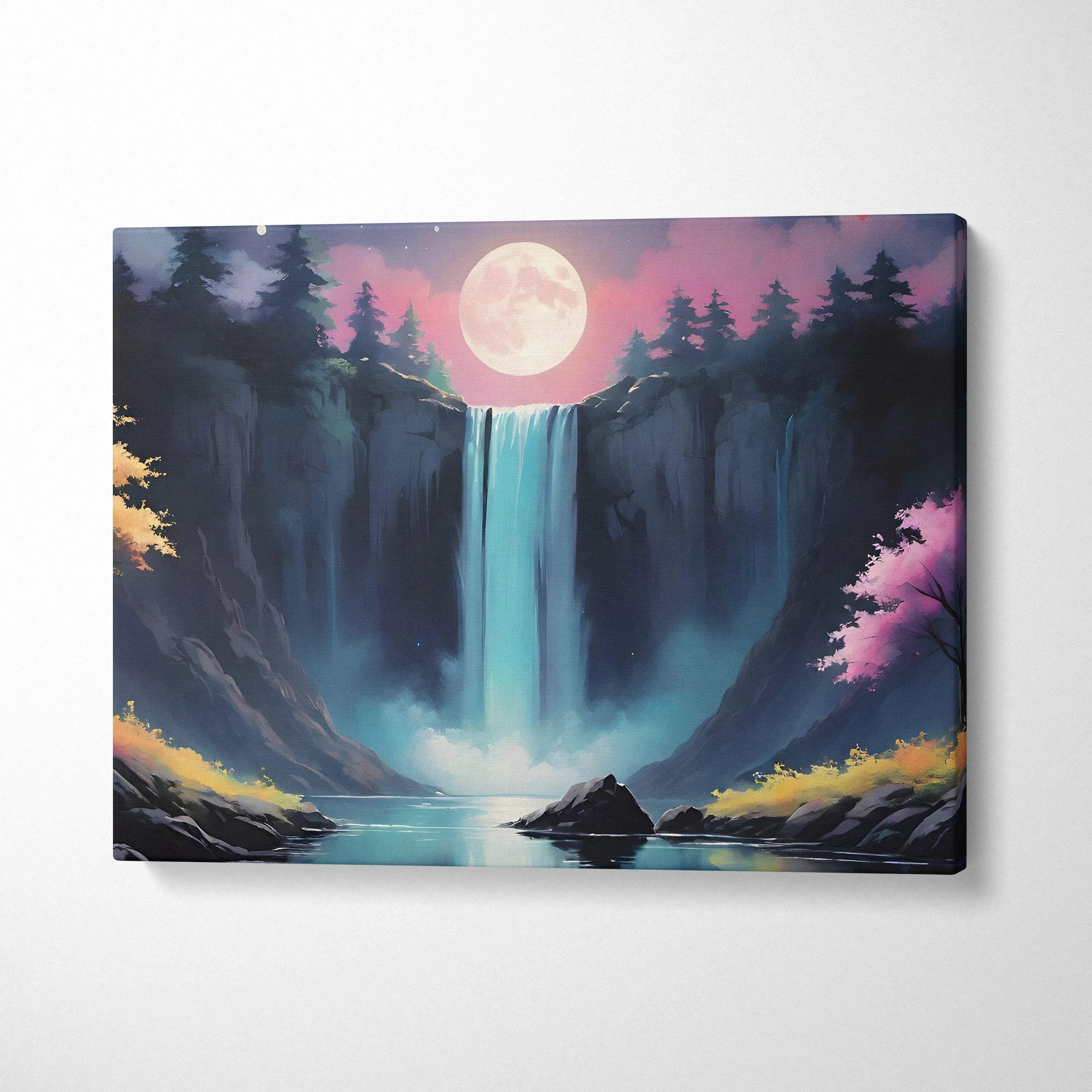 Moonlit forest waterfall canvas art with dreamy fantasy landscape in teal pink blue