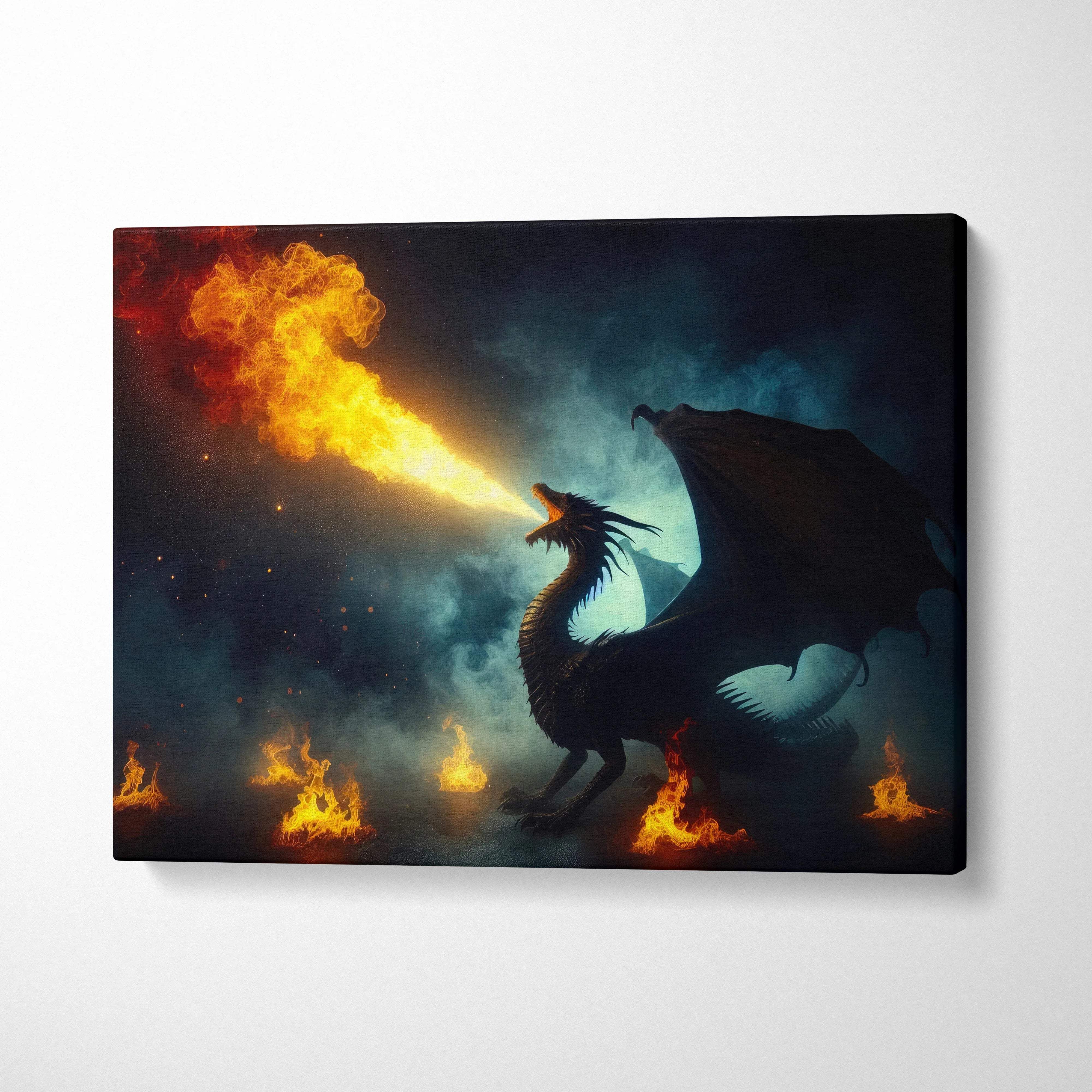 Black dragon breathing fire on smoky night canvas art in deep blue and orange