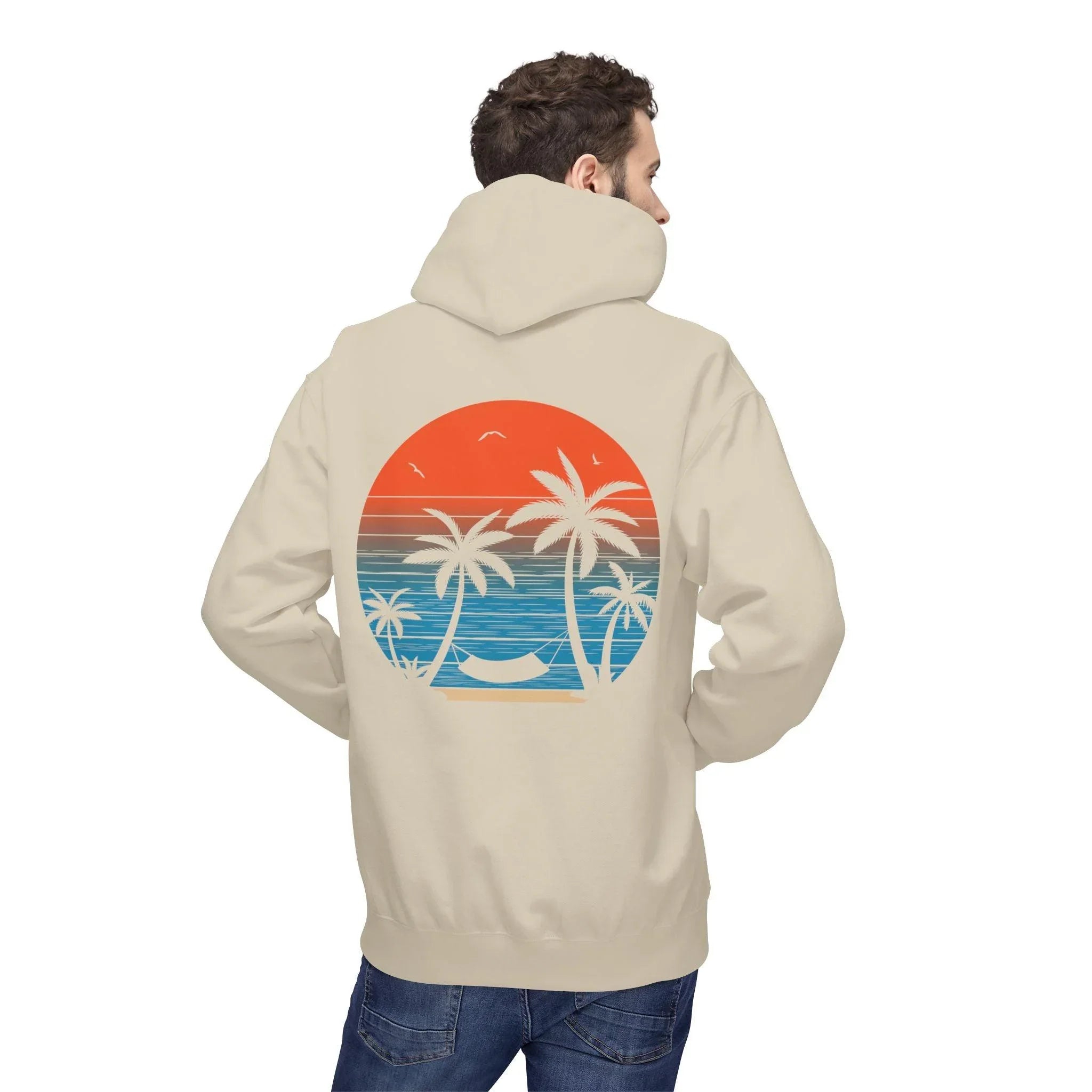 Cozy Beach Sunset Vibes Fleece Hoodie with Palm Tree Design