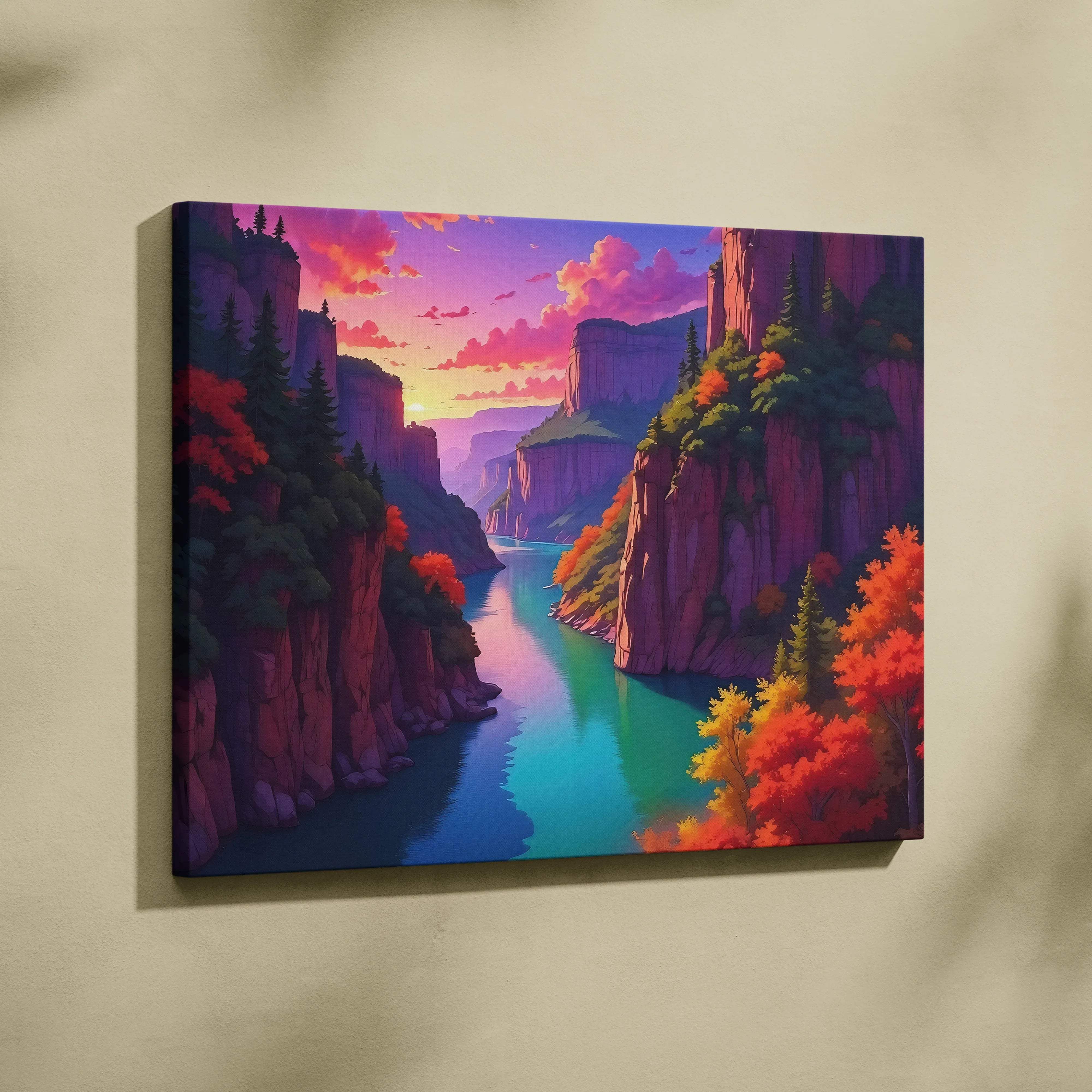 Vibrant autumn canyon canvas print with teal river and sunset sky