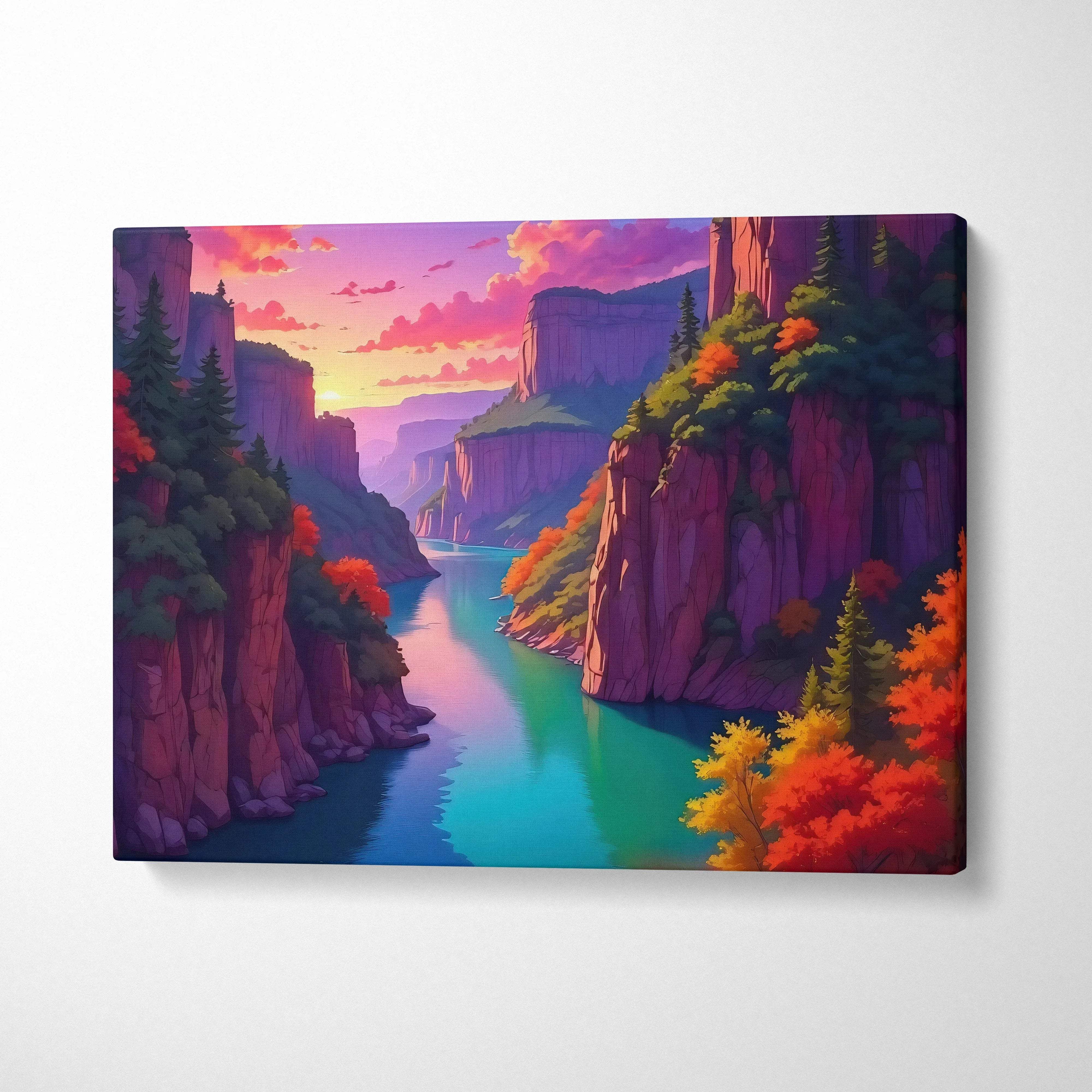 Vibrant autumn canyon canvas art with winding river at sunset in reds, oranges, teal