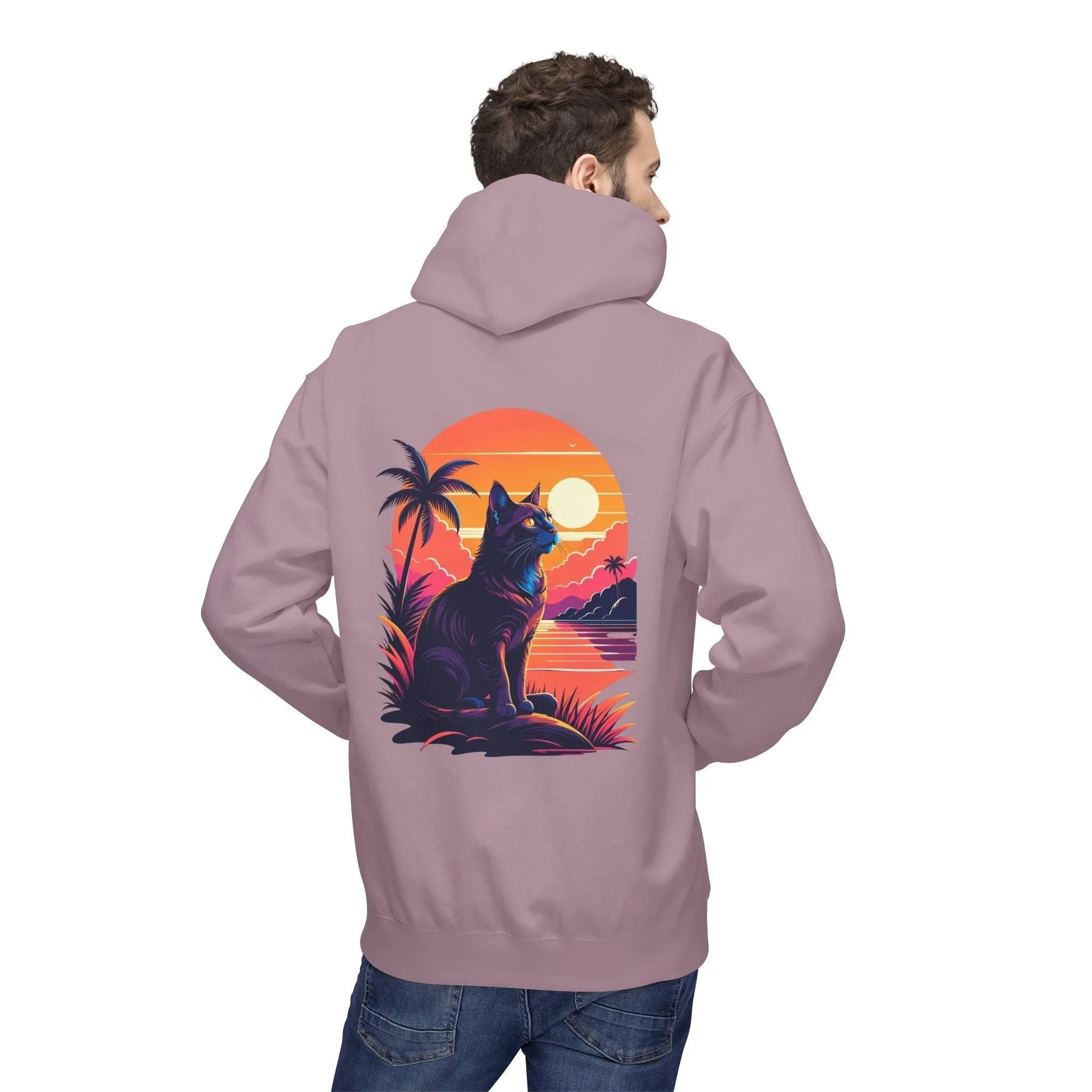Cozy Cat Lover's Retro Sunset Fleece Hoodie