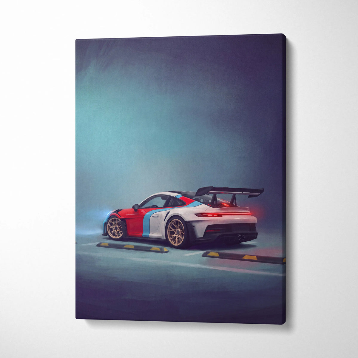 Porsche 911 GT3 RS inspired supercar canvas art print featuring a vibrant red white and blue racing car on canvas