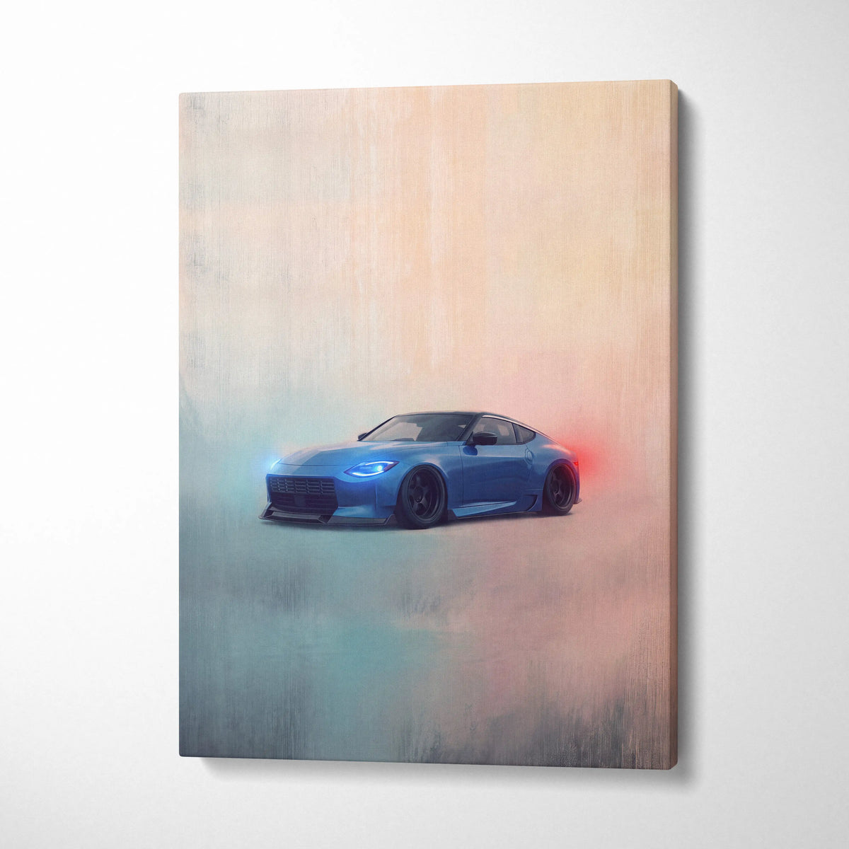 Blue Nissan Z sports car canvas art with glowing headlights and red taillight effect for garage decor