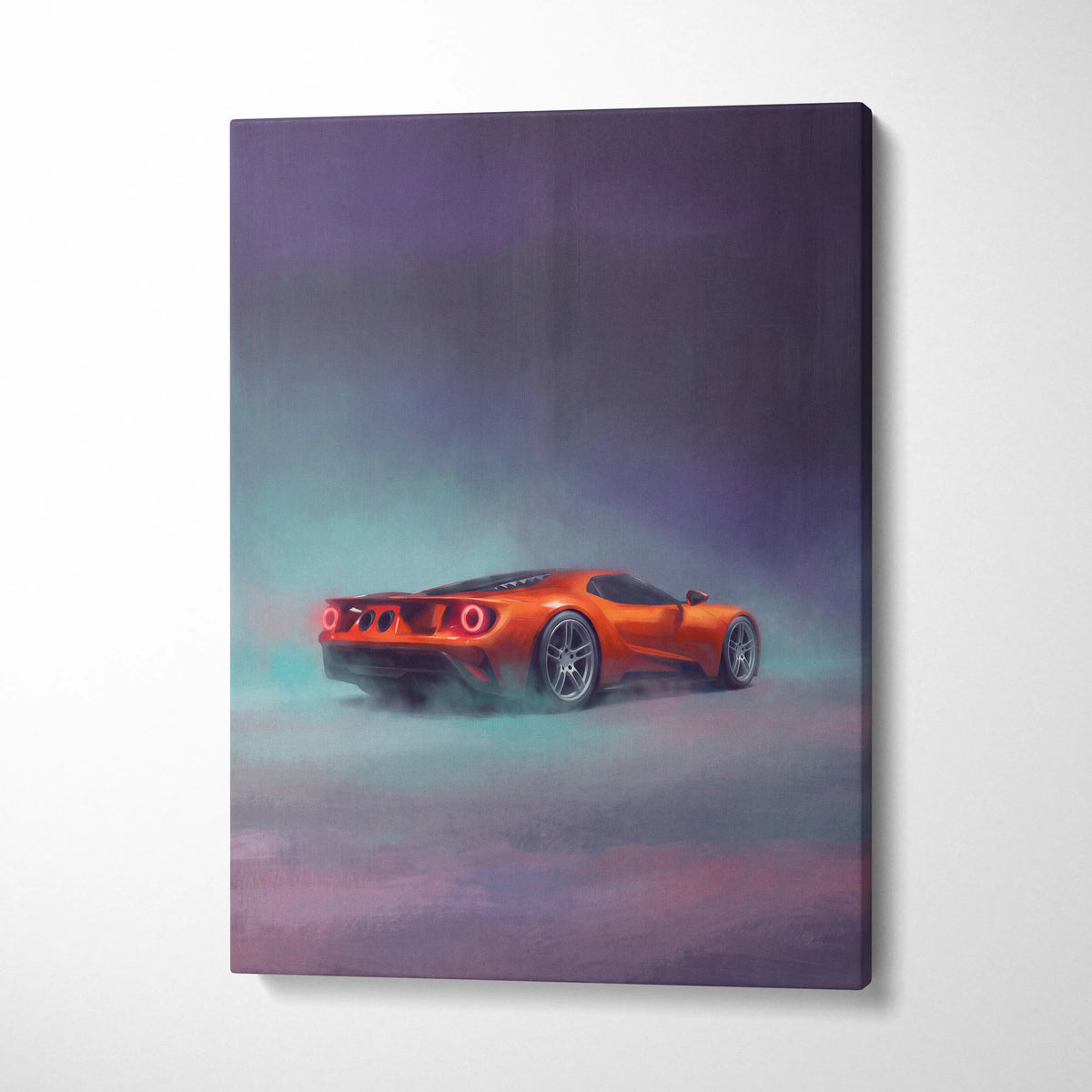 Vibrant orange ford gt inspired sports car wall art with glowing red taillights in misty twin turbo supercar canvas print