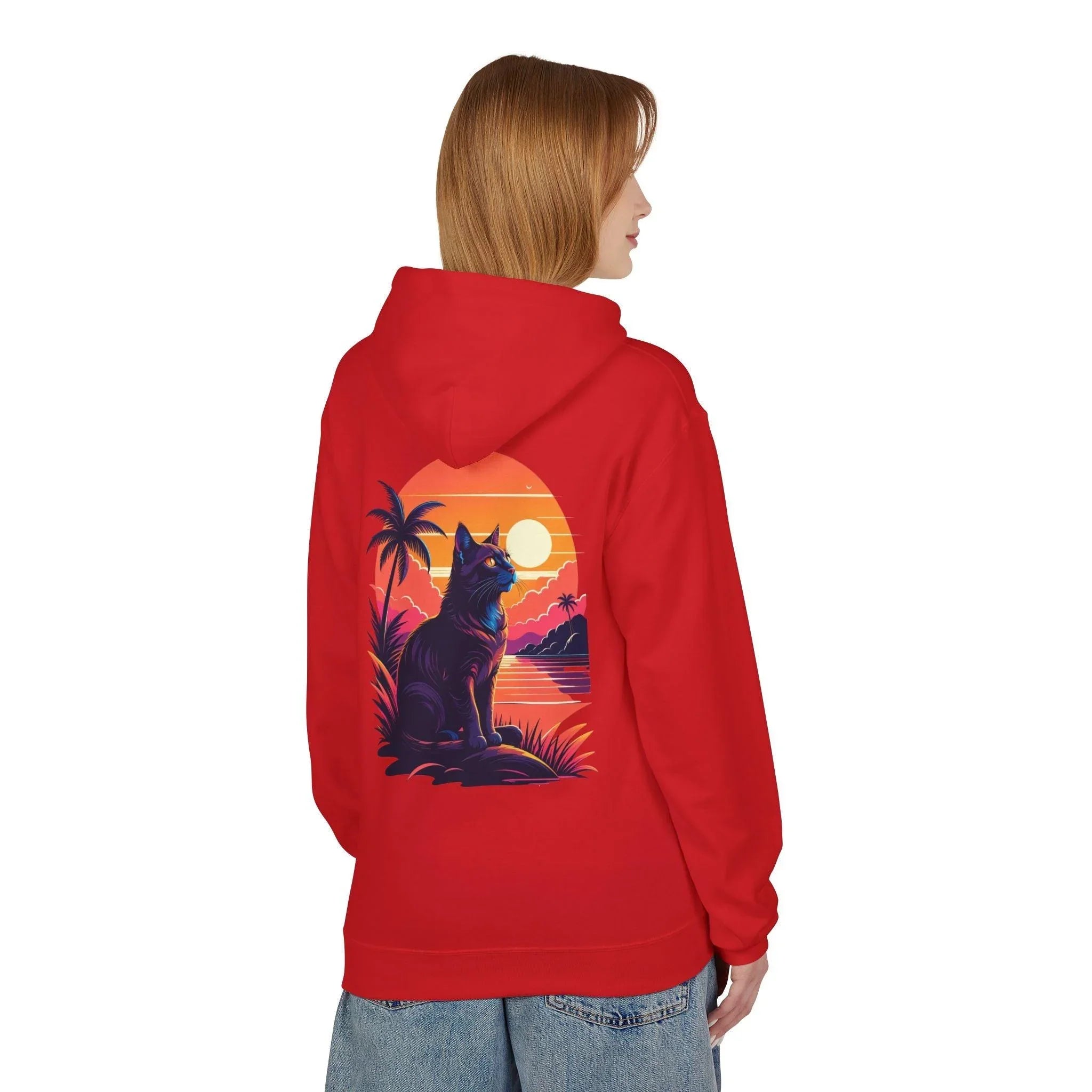 Cozy Cat Lover's Retro Sunset Fleece Hoodie
