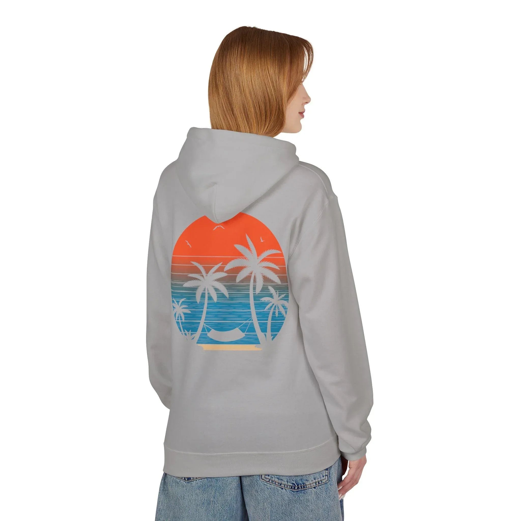Cozy Beach Sunset Vibes Fleece Hoodie with Palm Tree Design
