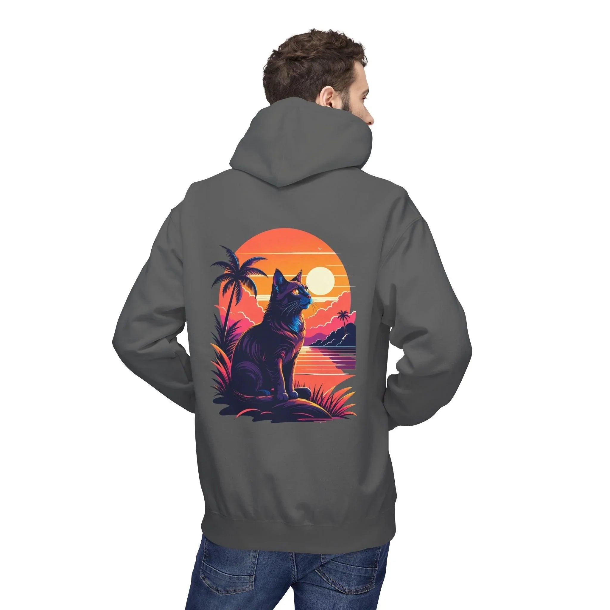 Cozy Cat Lover's Retro Sunset Fleece Hoodie