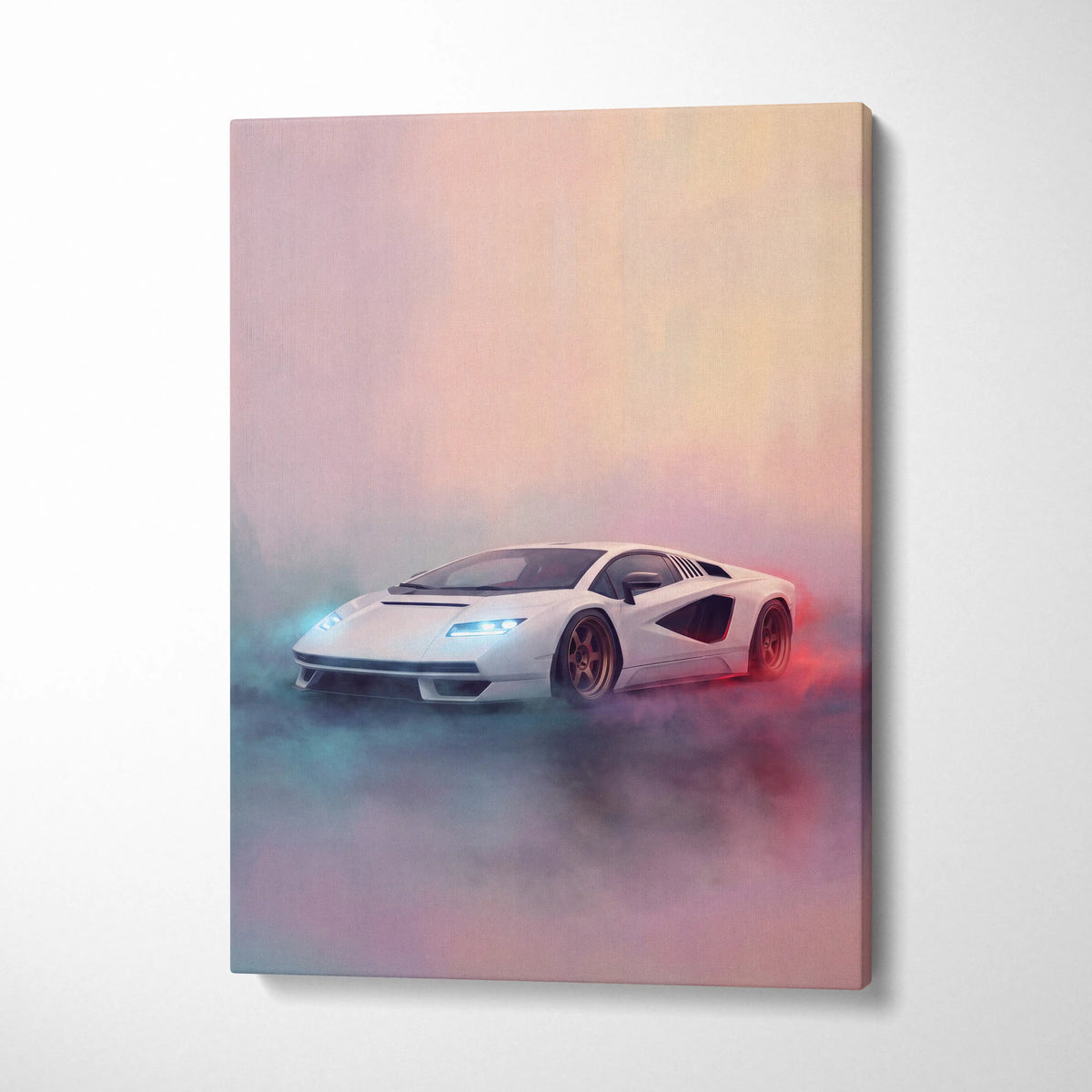 White lamborghini countach lpi 800-4 inspired canvas painting print featuring sleek sports car with blue headlights and red flames