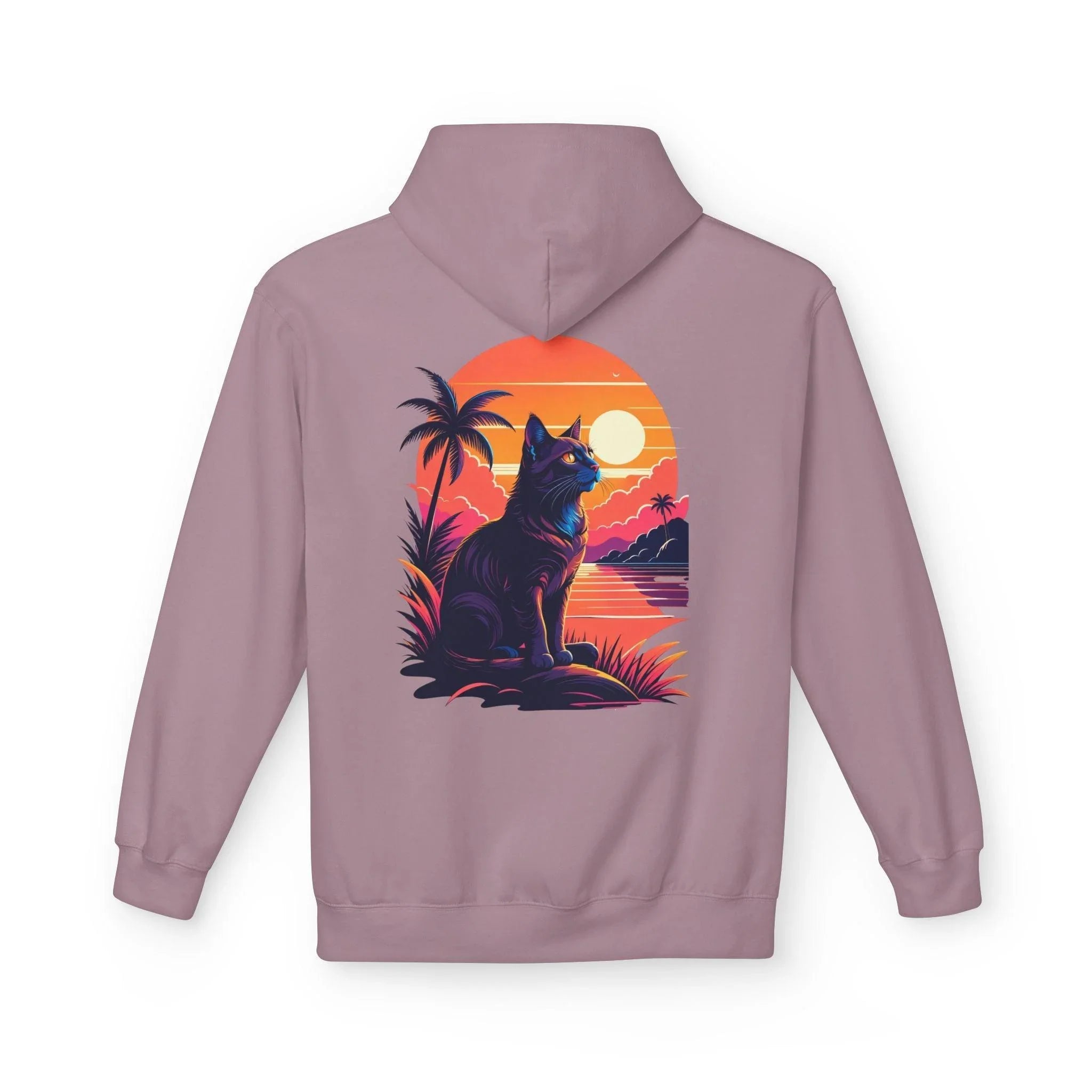 Cozy Cat Lover's Retro Sunset Fleece Hoodie