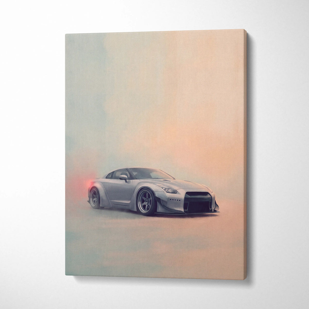 Silver nissan gt-r inspired canvas art featuring a sleek modified sports car with black rims and red taillight glow wall decor