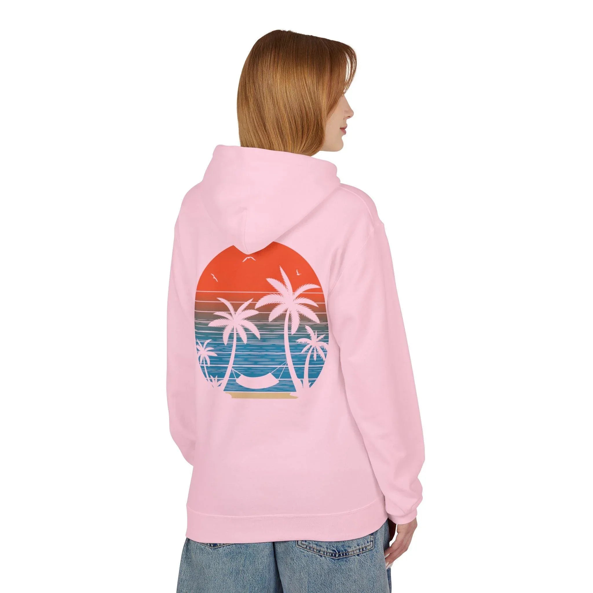 Cozy Beach Sunset Vibes Fleece Hoodie with Palm Tree Design