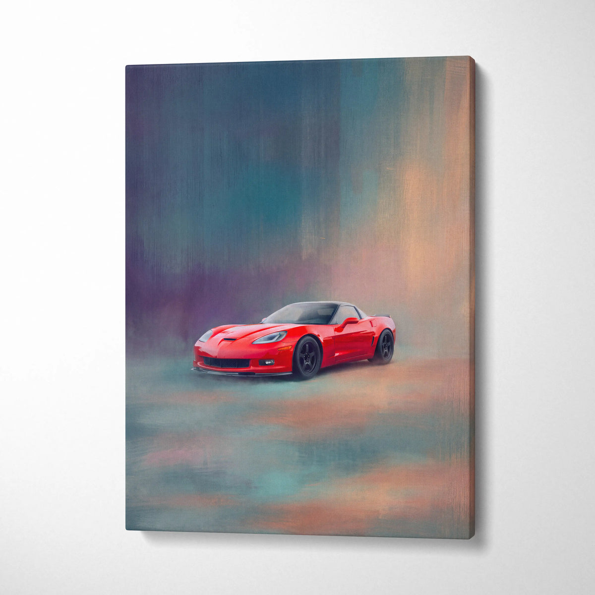 Vibrant red chevrolet corvette inspired sports car wall art in dynamic painterly style on canvas for office decor