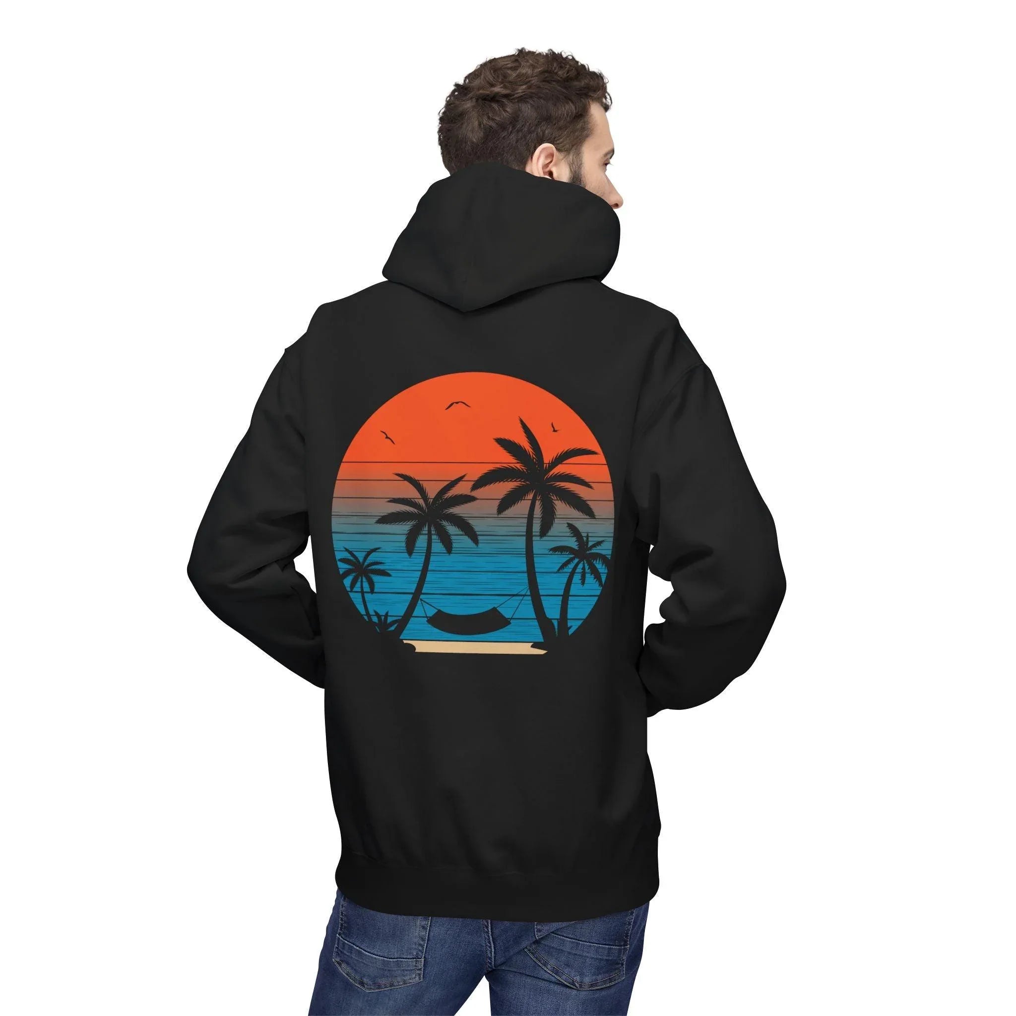 Cozy Beach Sunset Vibes Fleece Hoodie with Palm Tree Design