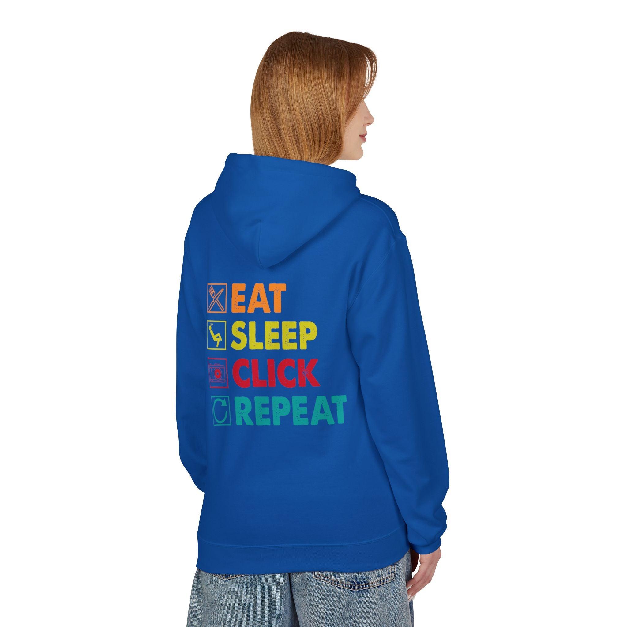 Cozy Photographer Hoodie - "Capture the Moment: Eat, Sleep, Click, Repeat" Fleece Design